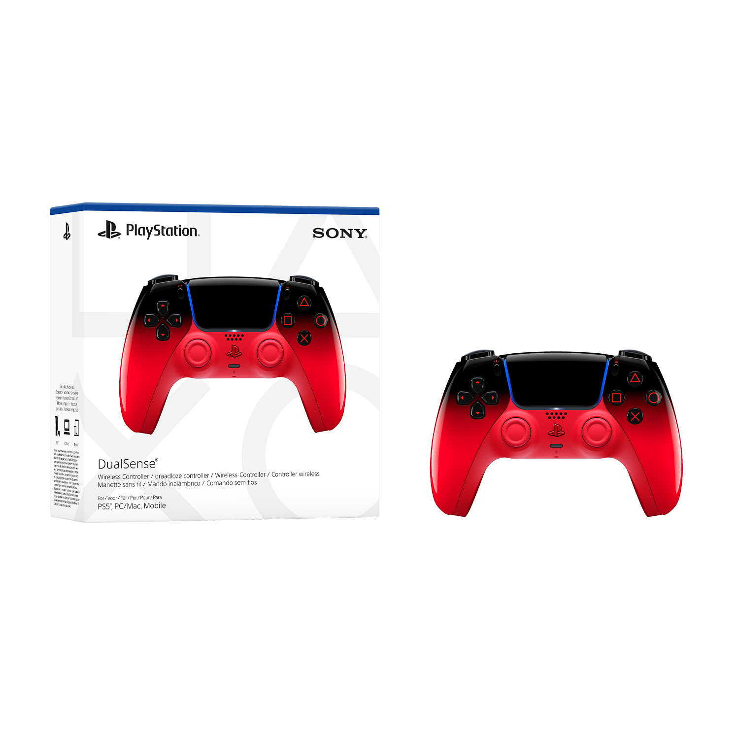 Rote und schwarze DualSense-Controller-Verpackung mit Controller daneben.