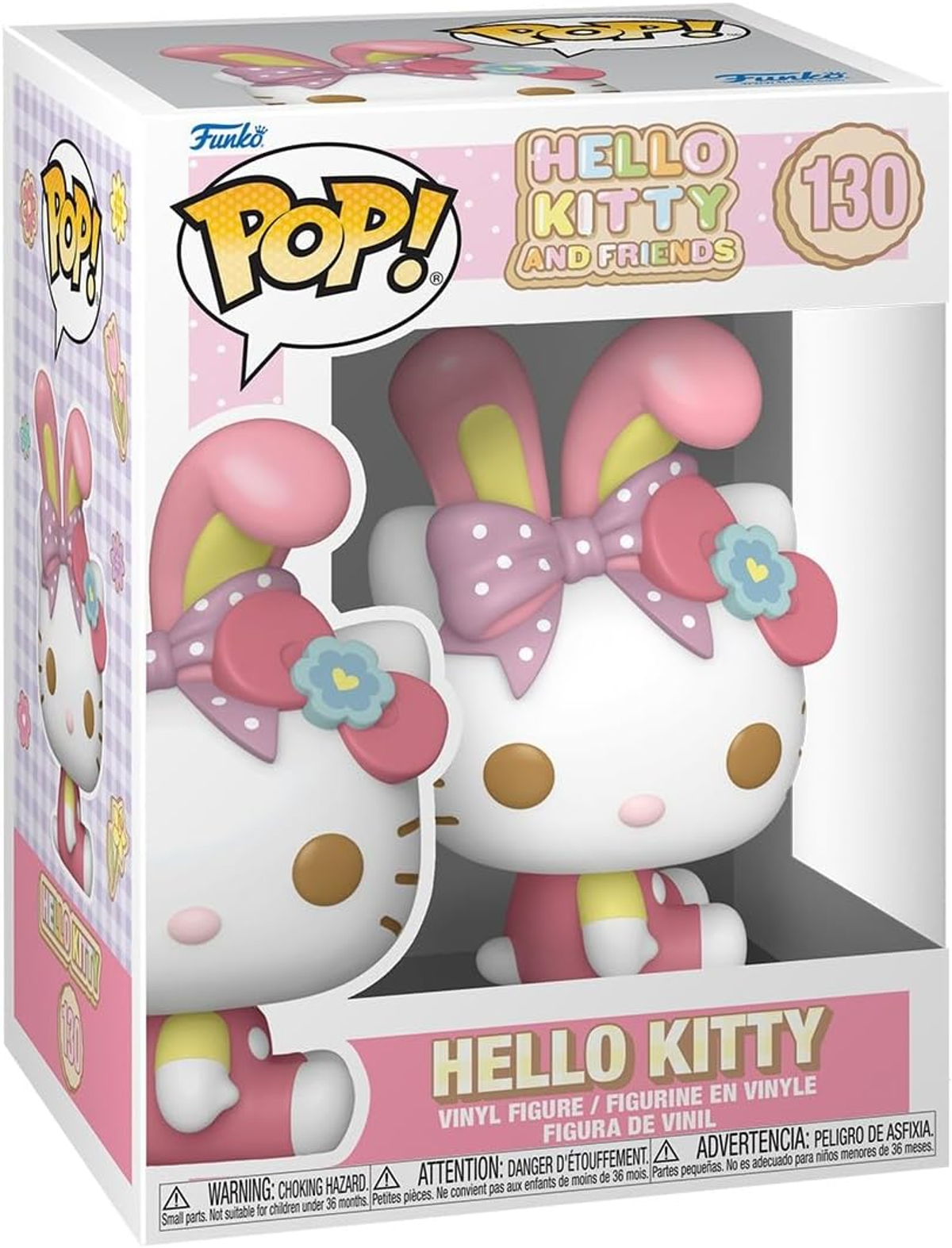 Figura de vinilo de Hello Kitty con orejas de conejo y lazo, en su caja.