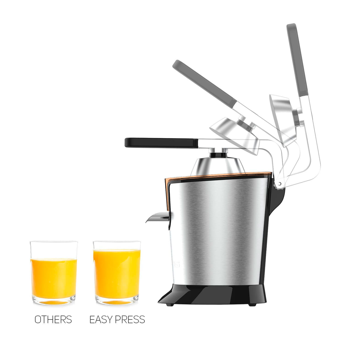 Stalowa wyciskarka do cytrusów z dwoma szklankami soku pomarańczowego obok.