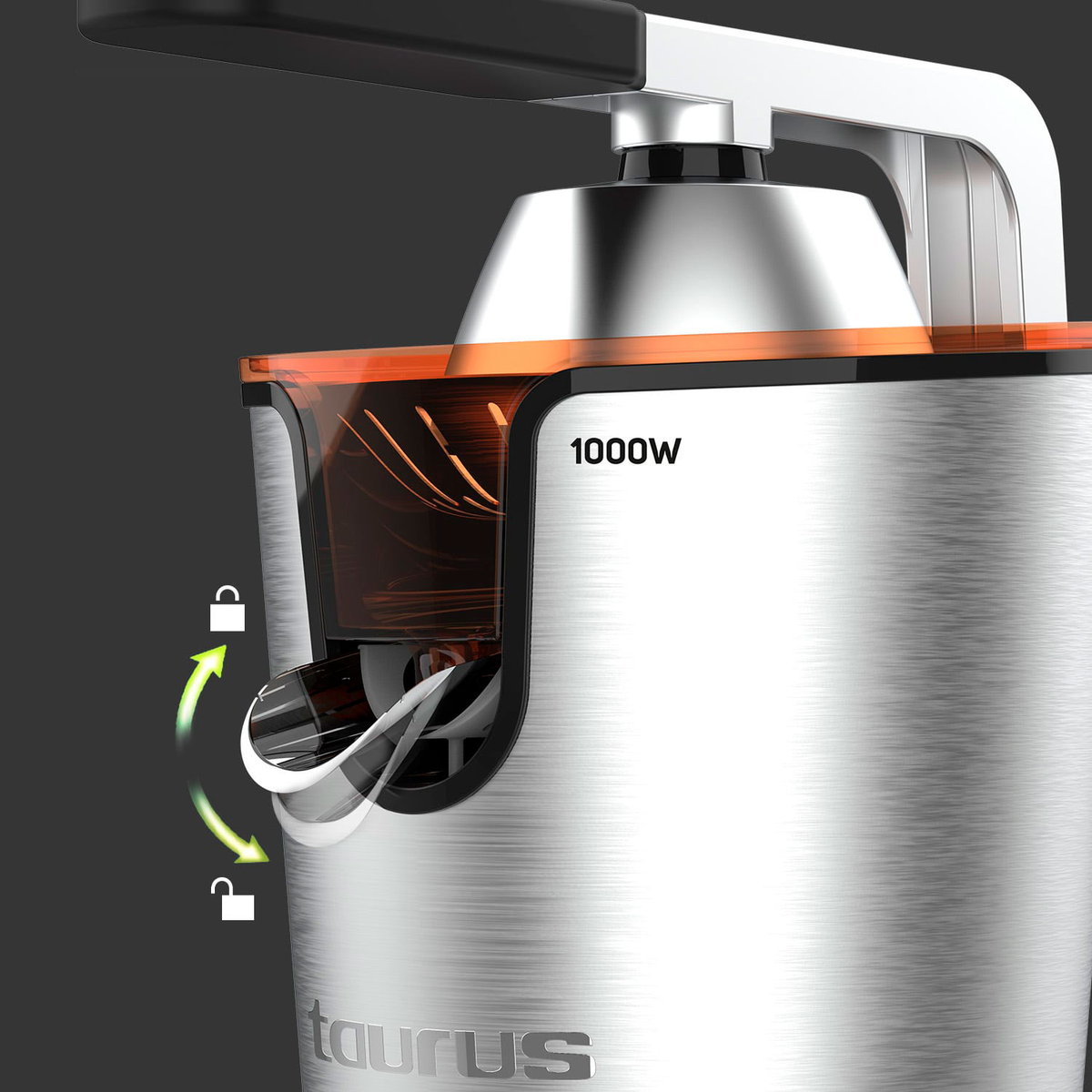 Srebrna wyciskarka z przezroczystym pomarańczowym pojemnikiem i oznaczeniem 1000W.
