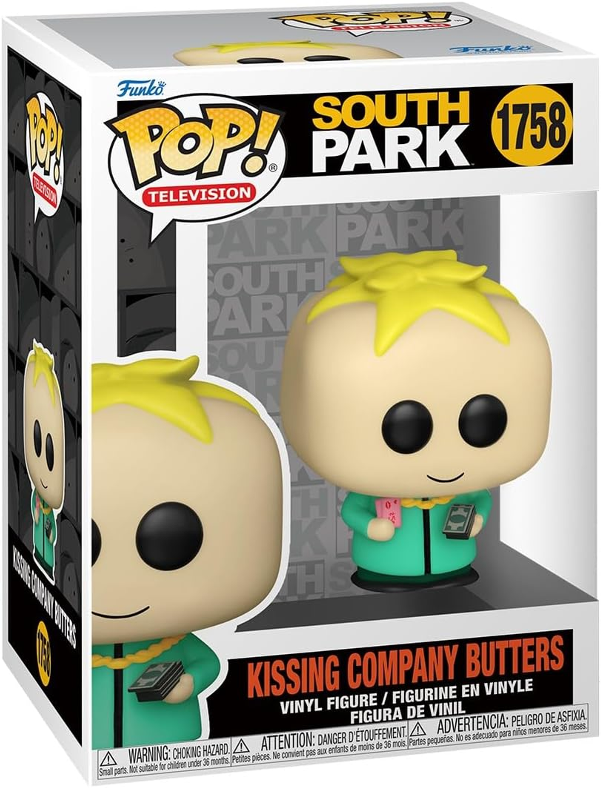 Funko Pop Vinyl Figur von Butters aus South Park in OVP, hält Geld.