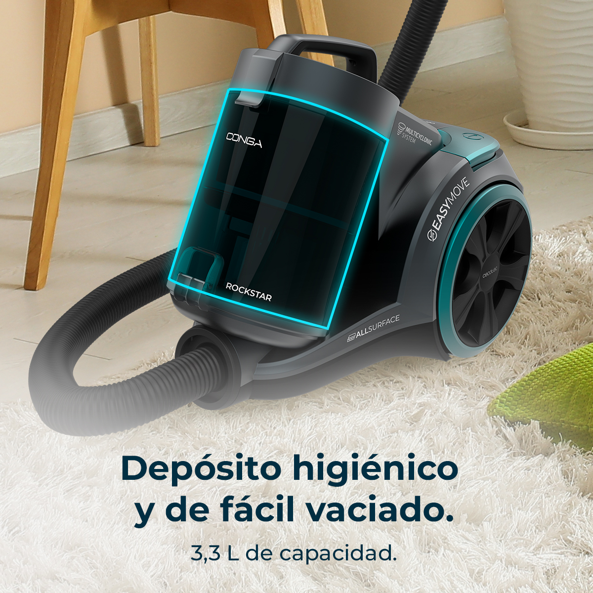 Czarny odkurzacz z niebieskim pojemnikiem na białym dywanie.