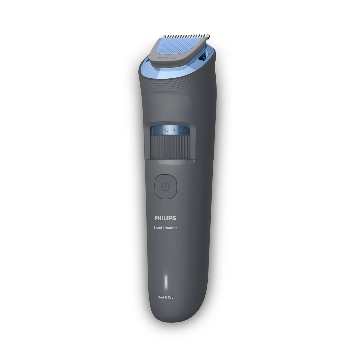 A gray Philips beard trimmer with blue accents and a dial.