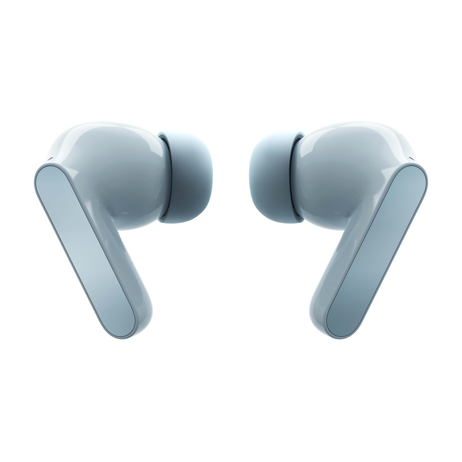 Dwa jasnoniebieskie słuchawki bezprzewodowe z pałąkiem, na białym tle.
