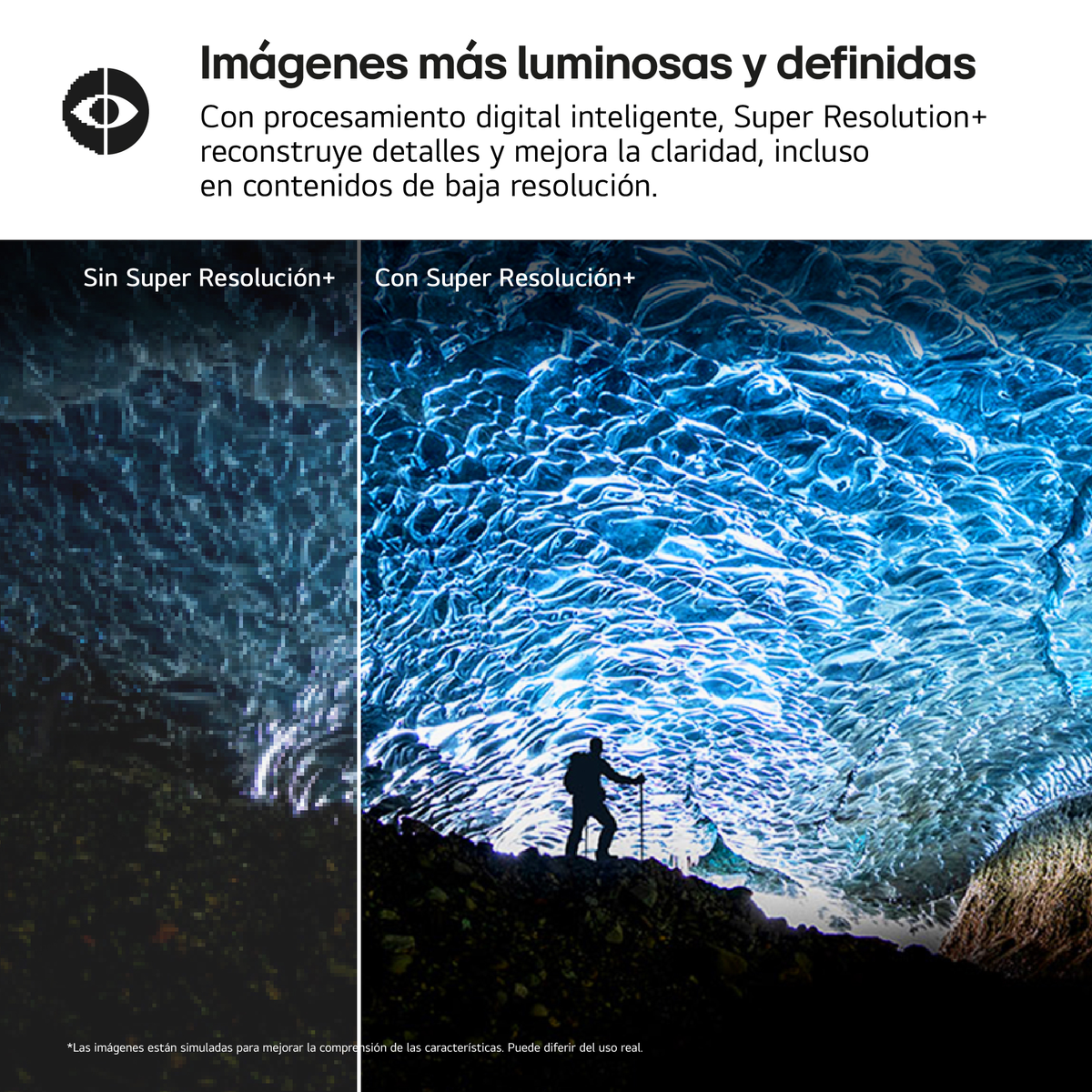 Porównanie jaskini lodowej: lewa strona rozmyta, prawa ostra z Super Resolution+.