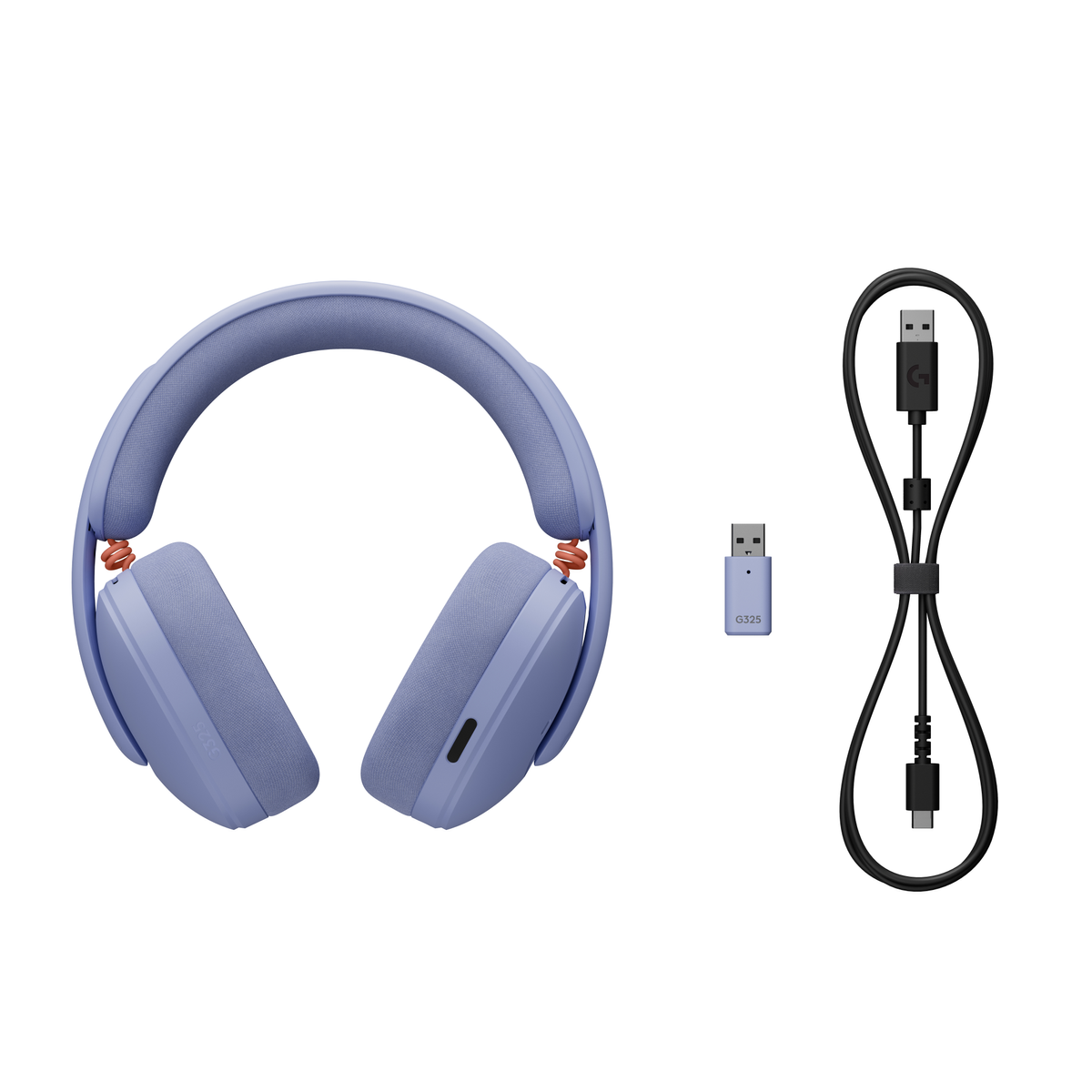 Cuffie blu con dongle USB e cavo di ricarica su sfondo bianco.