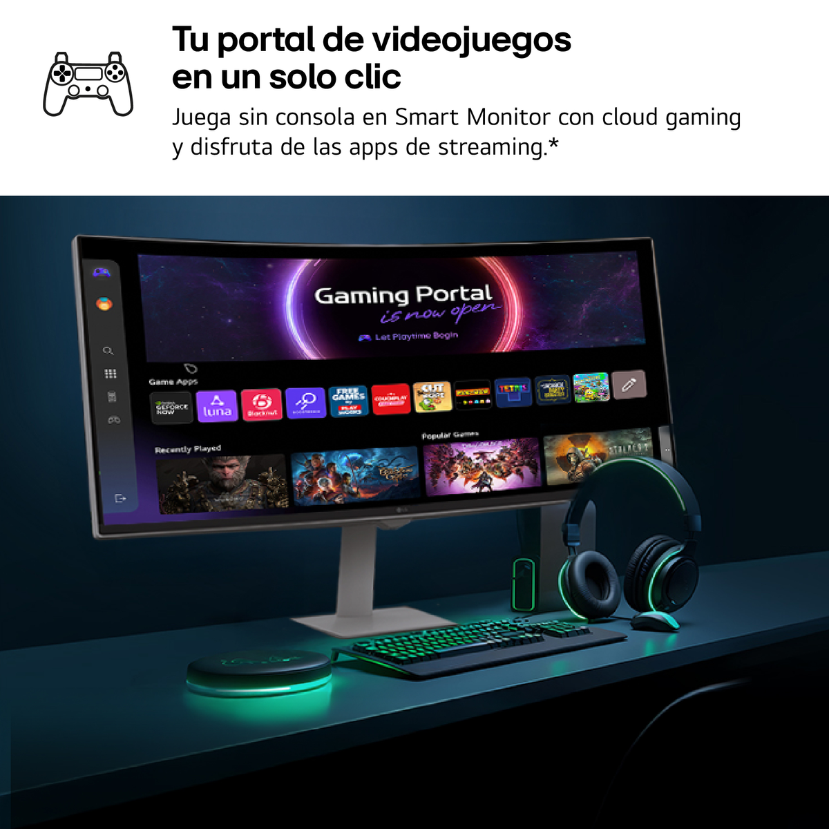 Een monitor toont game-apps en populaire spellen. Koptelefoon en toetsenbord ernaast.
