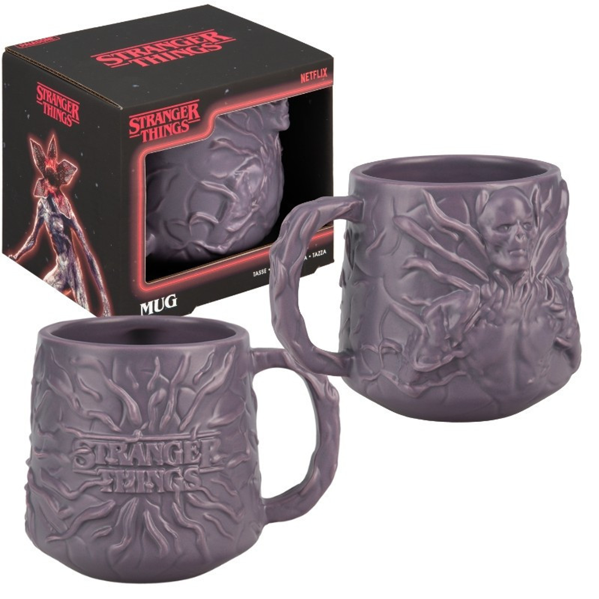 Taza morada de Stranger Things con diseño de Demogorgon y caja.