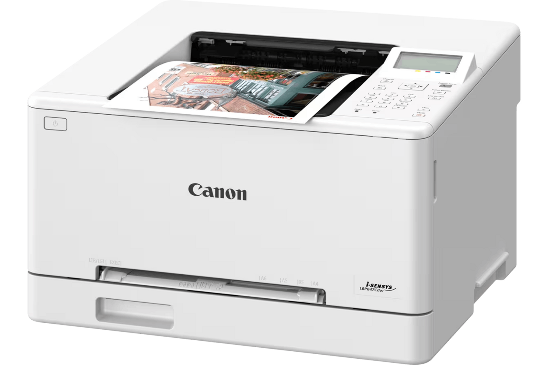 Biała drukarka Canon i-SENSYS z wystającą kartką papieru.