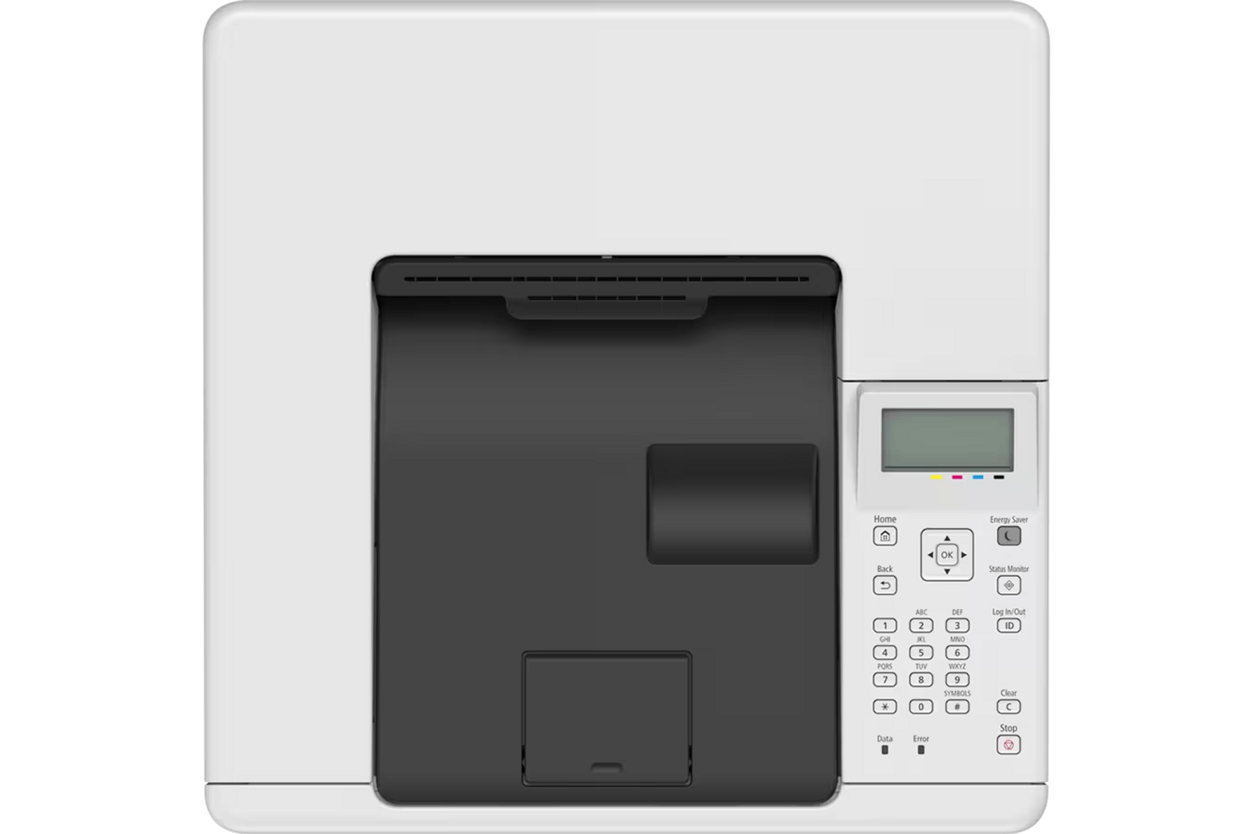 Biała drukarka z czarną tacą i panelem sterowania z przyciskami i ekranem.