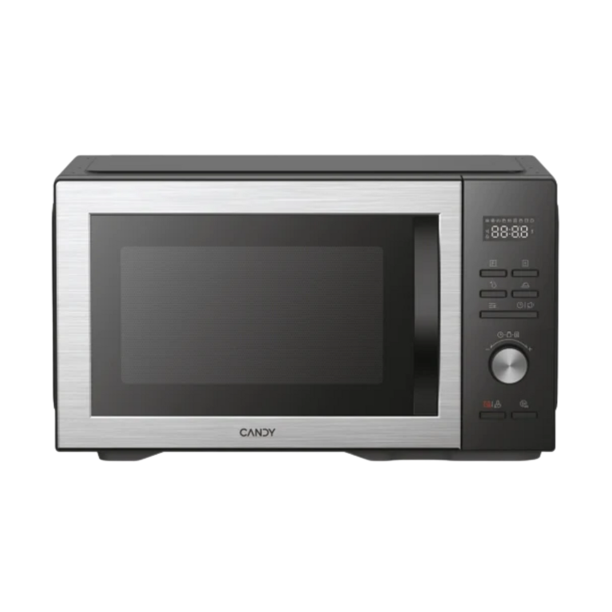 Nowoczesny srebrny piekarnik mikrofalowy z czarnym panelem sterowania i cyfrowym wyświetlaczem.