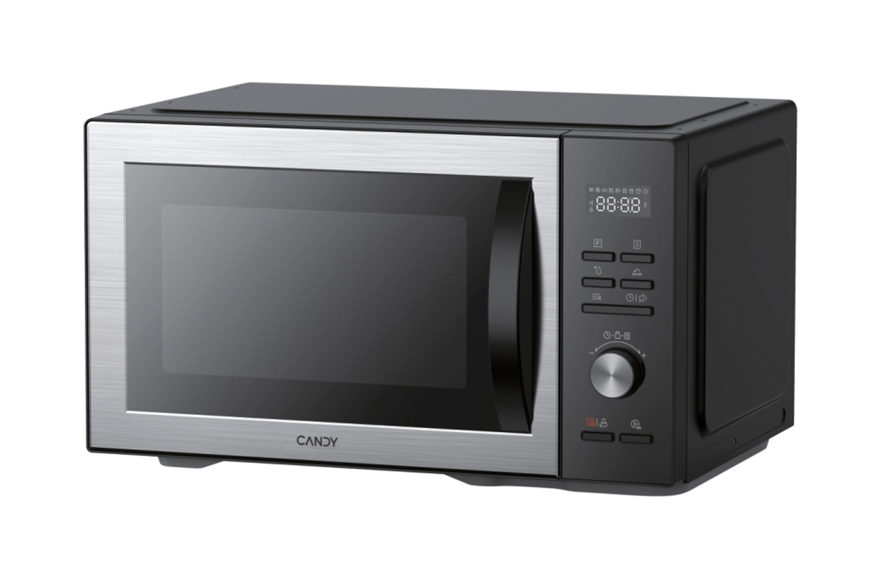 Czarna kuchenka mikrofalowa Candy z akcentami ze stali nierdzewnej i cyfrowym wyświetlaczem.