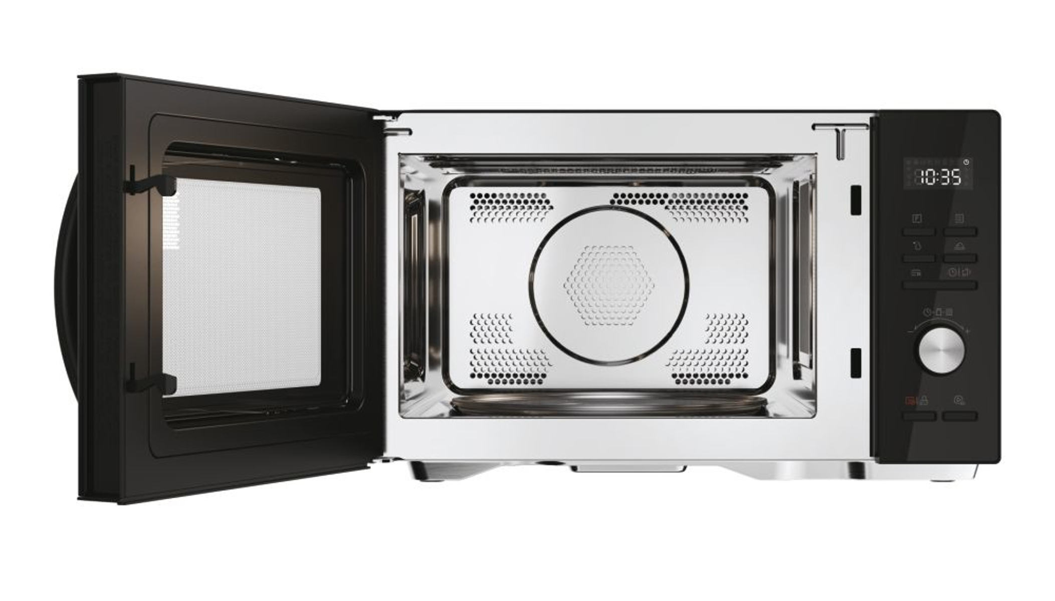Otwarta mikrofalówka z srebrnym wnętrzem i czarnym panelem sterowania. Wyświetla 10:35.