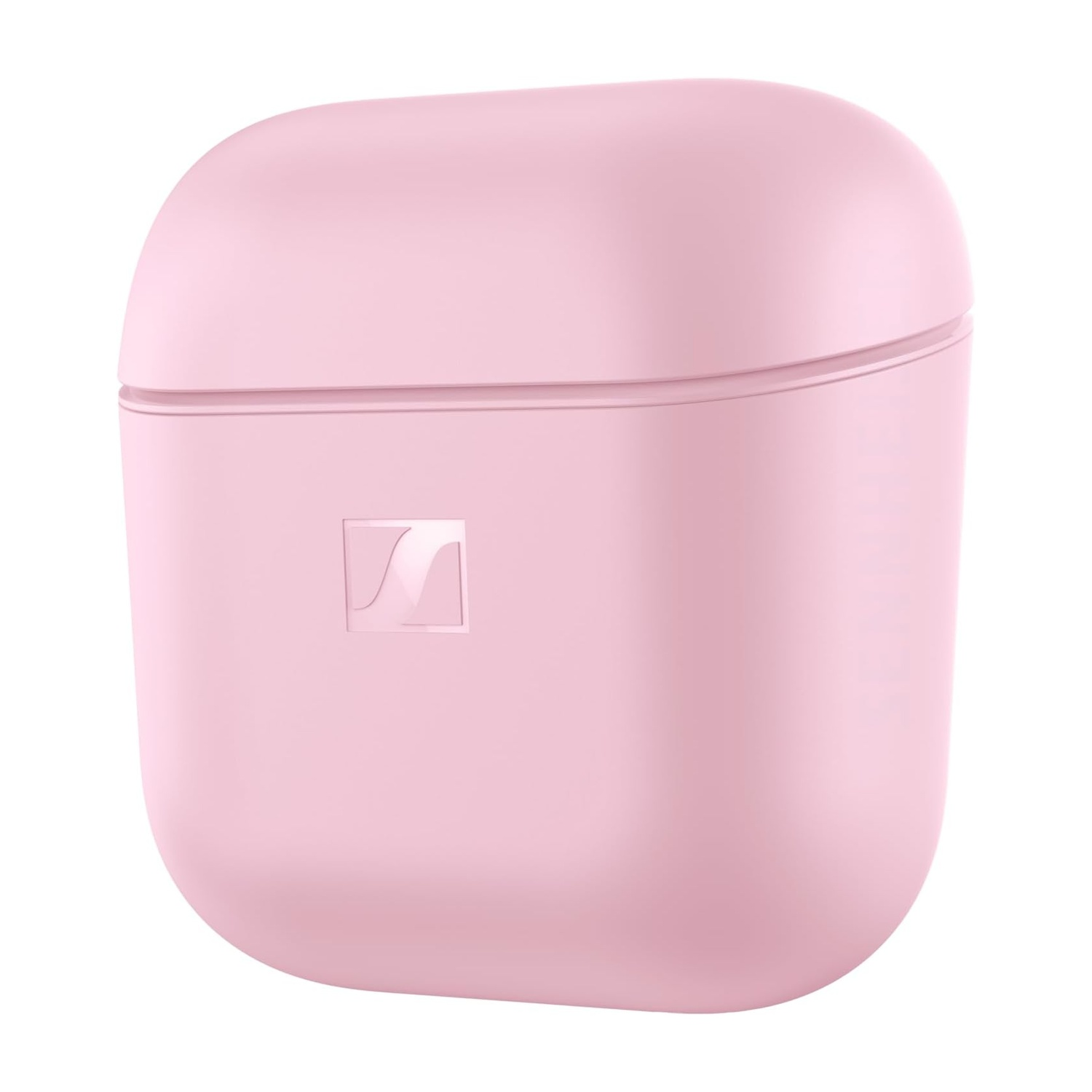 Ein pastellrosa Ladeetui für Kopfhörer mit einem Logo.