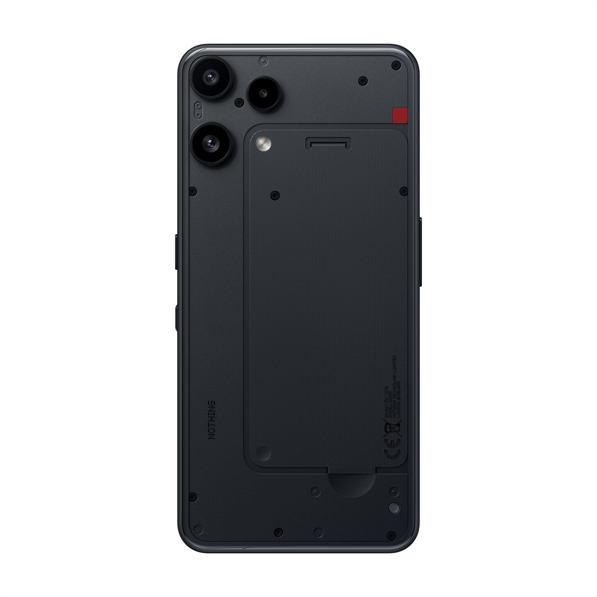 Parte trasera de smartphone oscuro con doble cámara, panel texturizado y marca. Diseño minimalista.