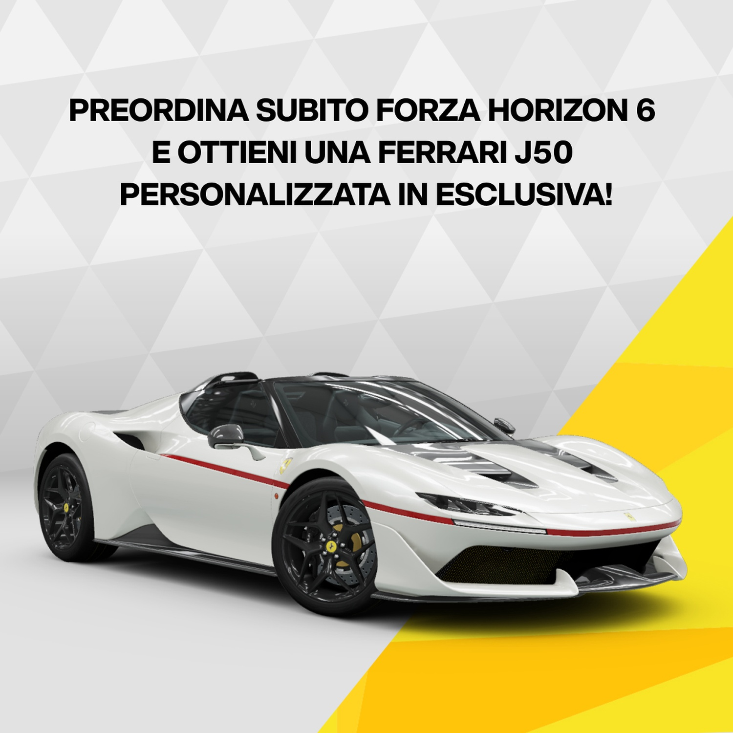 Una Ferrari J50 bianca con striscia rossa su sfondo grigio e giallo.