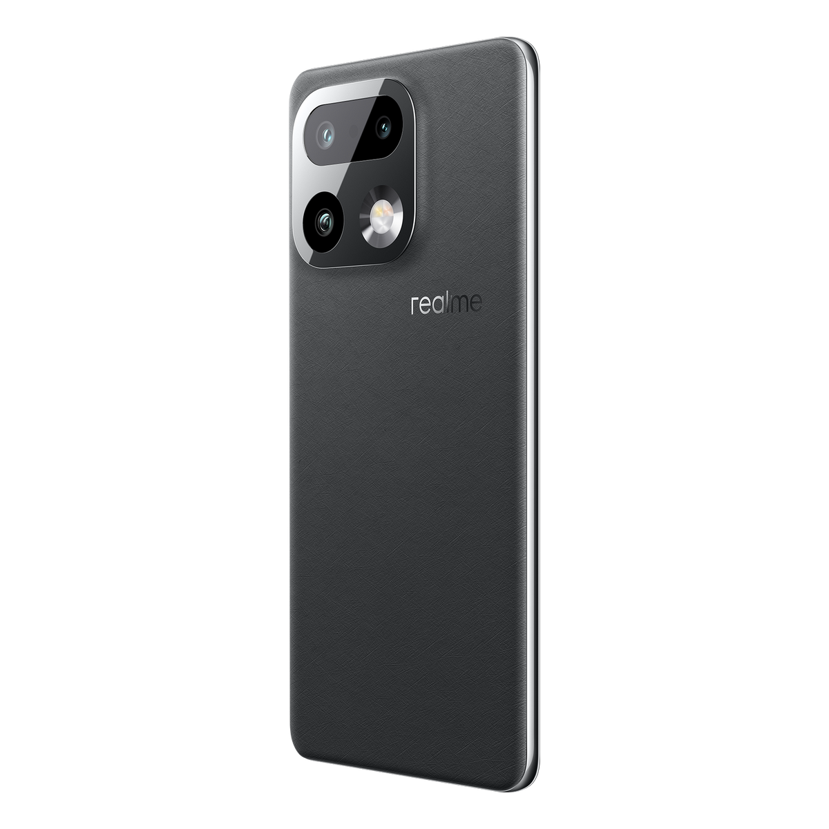 Graues Smartphone mit drei Kameras und Realme-Logo.