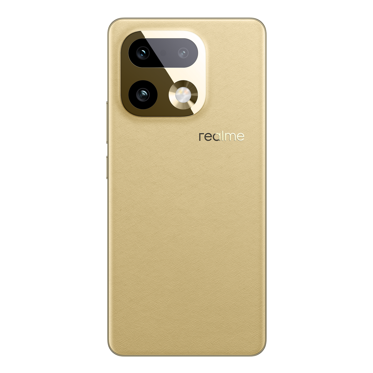 Rückseite eines goldenen Smartphones mit drei Kameras und Realme-Logo.