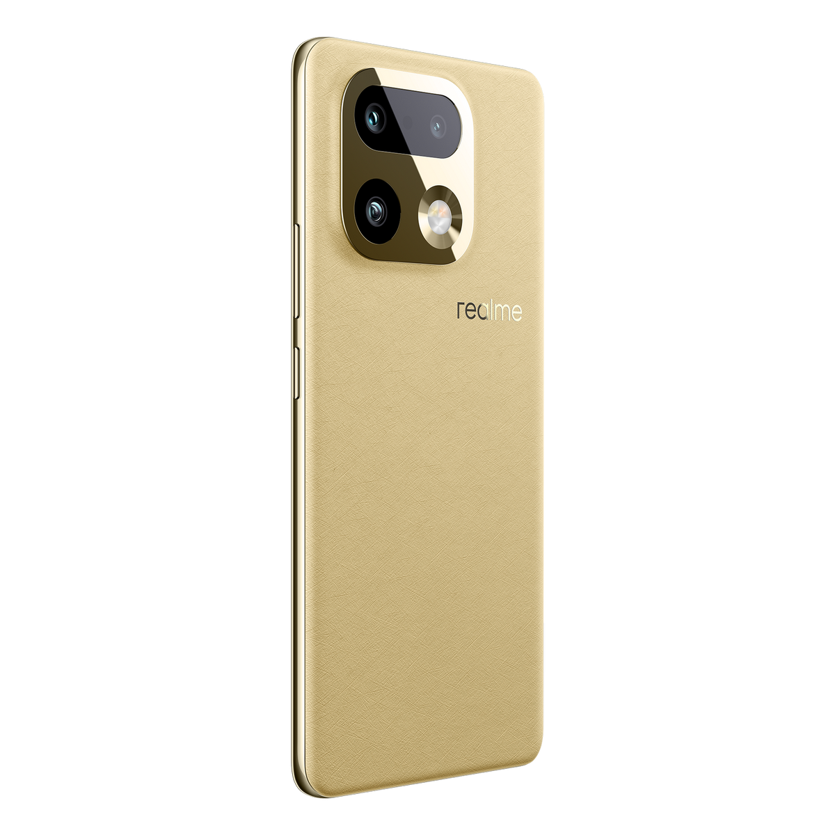 Goldfarbenes Smartphone mit drei Kameras und Realme-Logo auf der Rückseite.