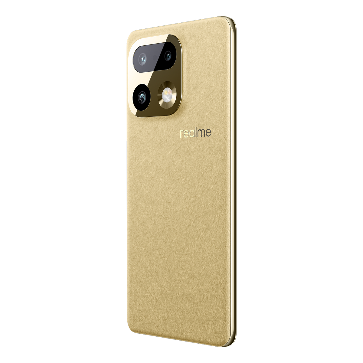 Goldenes Smartphone mit drei Kameras und Realme-Logo auf schwarzem Hintergrund.