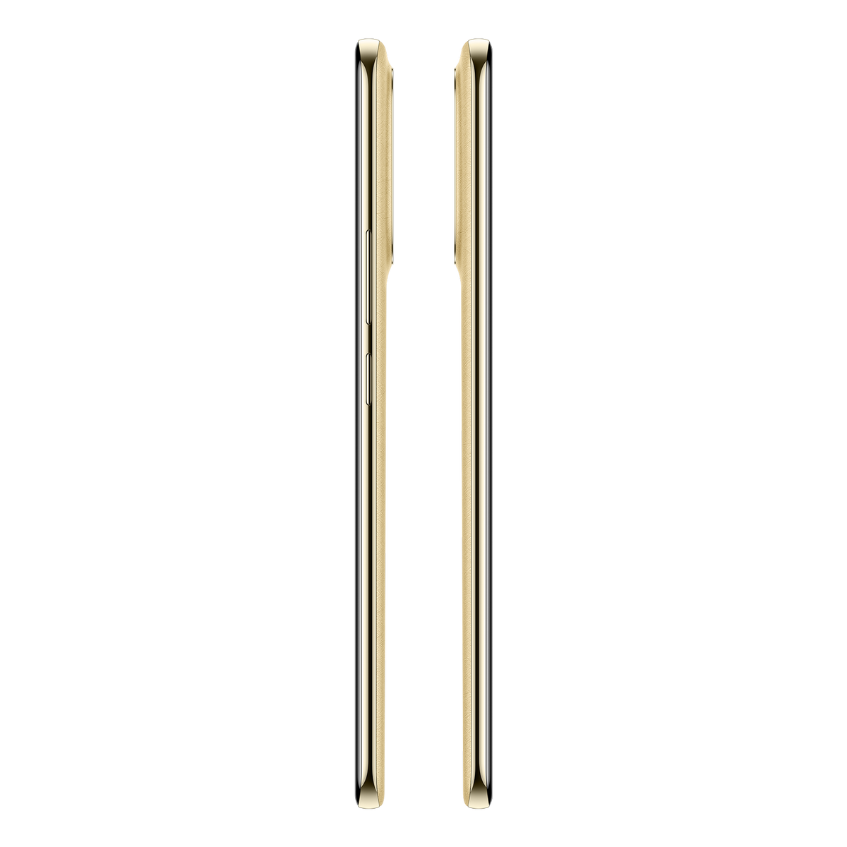 Zwei goldene Smartphones, nebeneinander auf schwarzem Hintergrund.