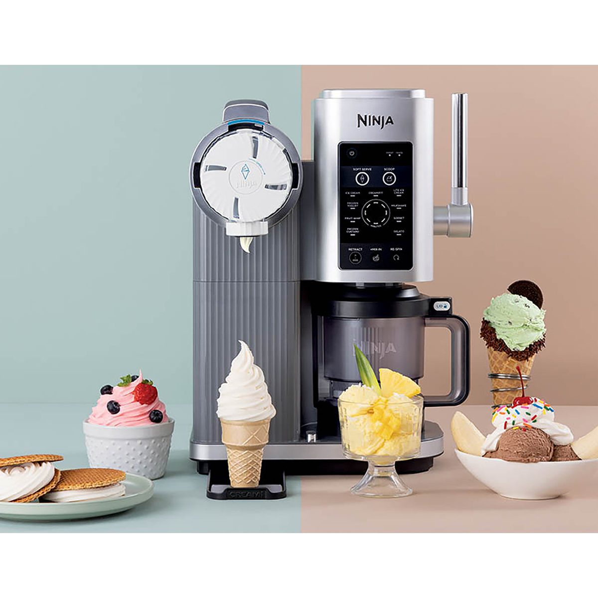 Ninja Creami Eismaschine mit verschiedenen gefrorenen Desserts.
