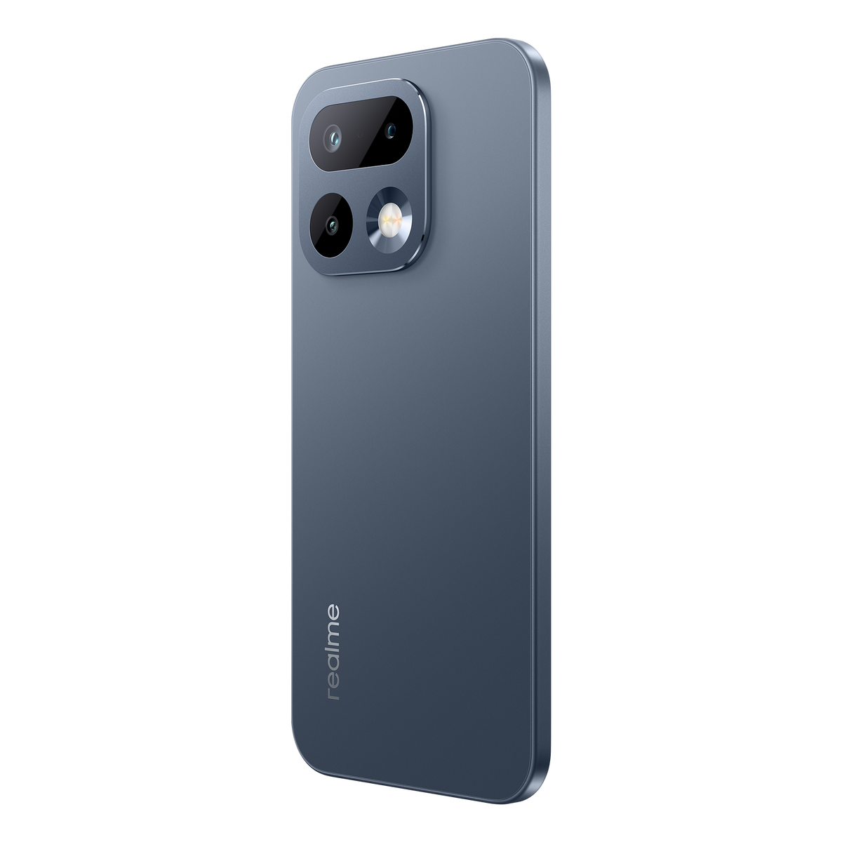 Rückseite eines blauen Smartphones mit drei Kameras und Blitz.