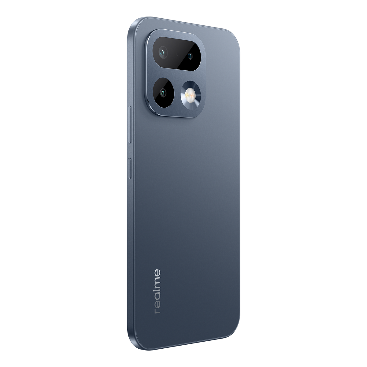 Ein blaues Smartphone mit drei Kameras und Blitz wird vor schwarzem Hintergrund gezeigt.
