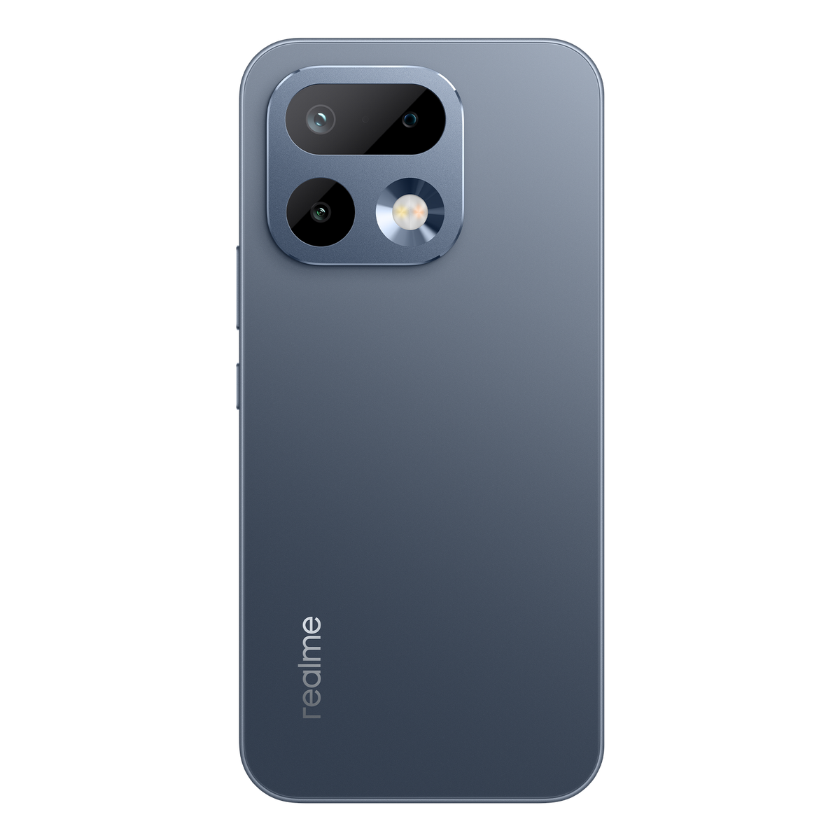 Rückseite eines graublauen Smartphones mit drei Kameras und Blitz.
