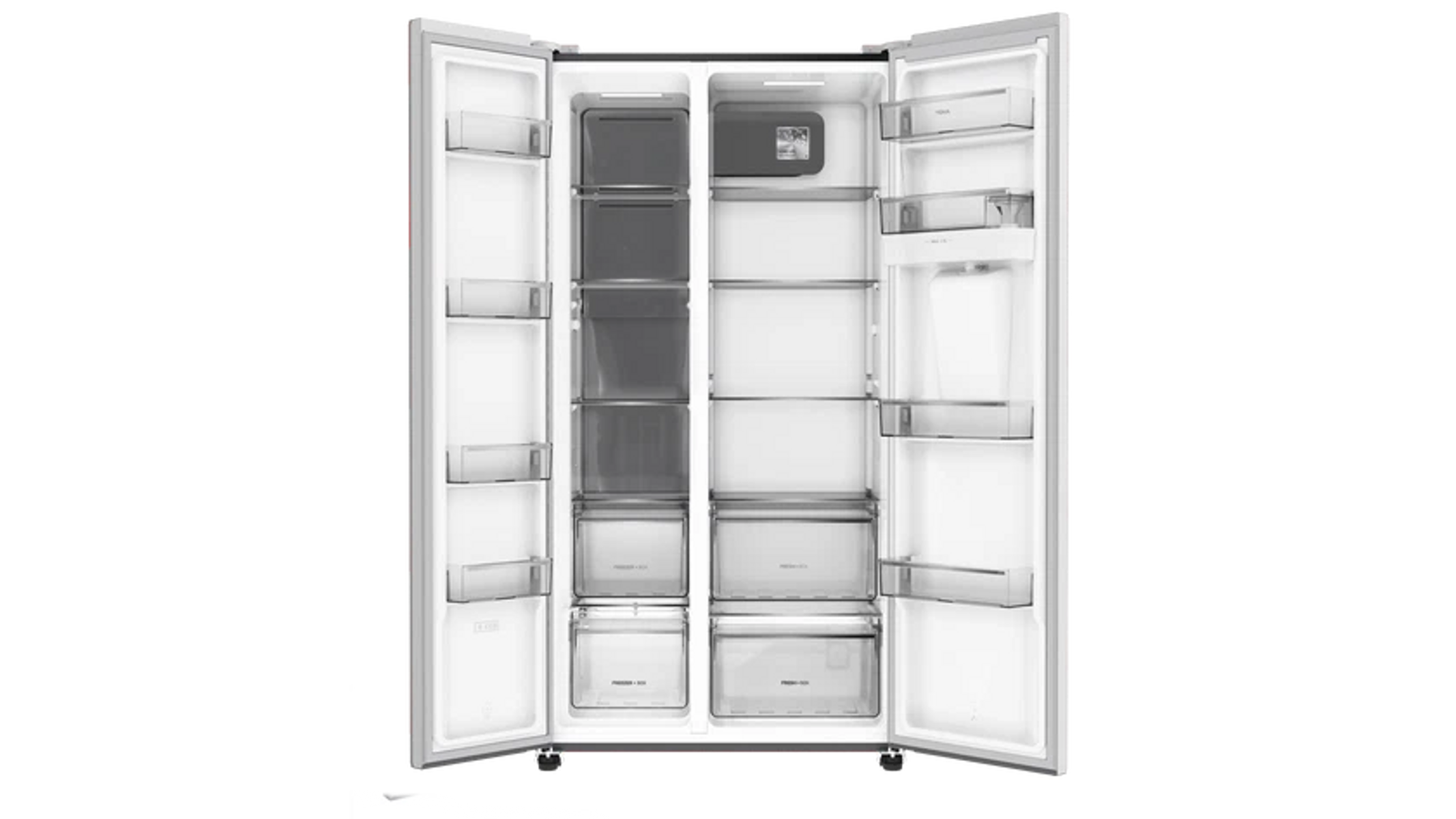 Otwarta lodówka dwudrzwiowa z półkami i szufladami.