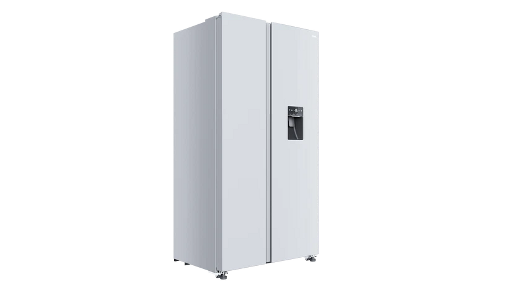 Biała lodówka side-by-side z dozownikiem wody.