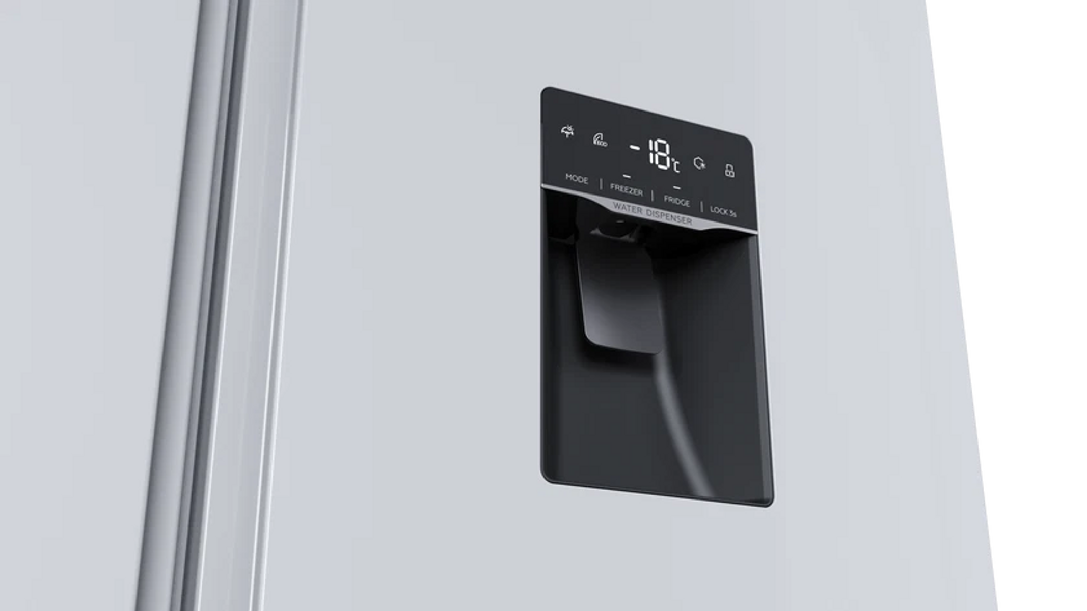 Lodówka z cyfrowym wyświetlaczem i dozownikiem wody.