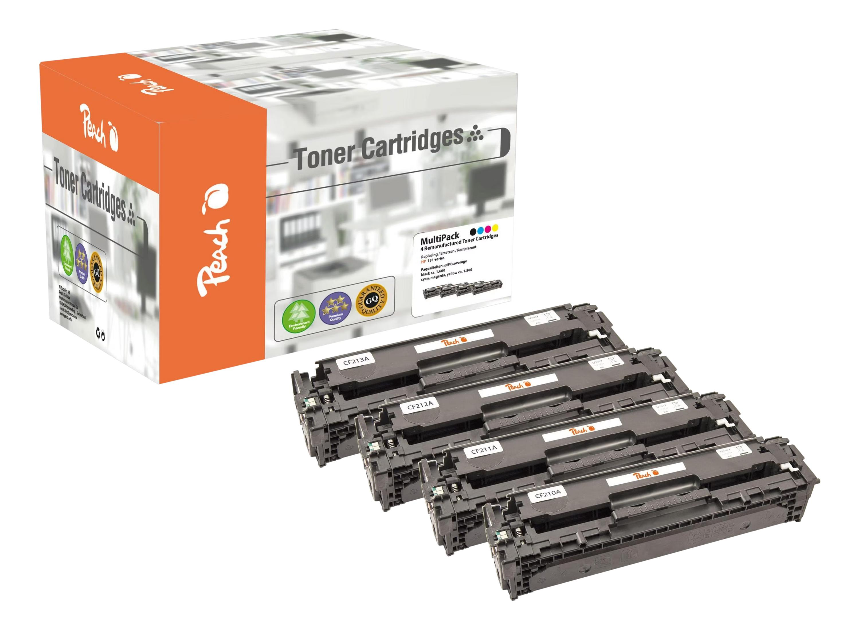 Zestaw 4 tonerów Peach, cztery wkłady na pierwszym planie.