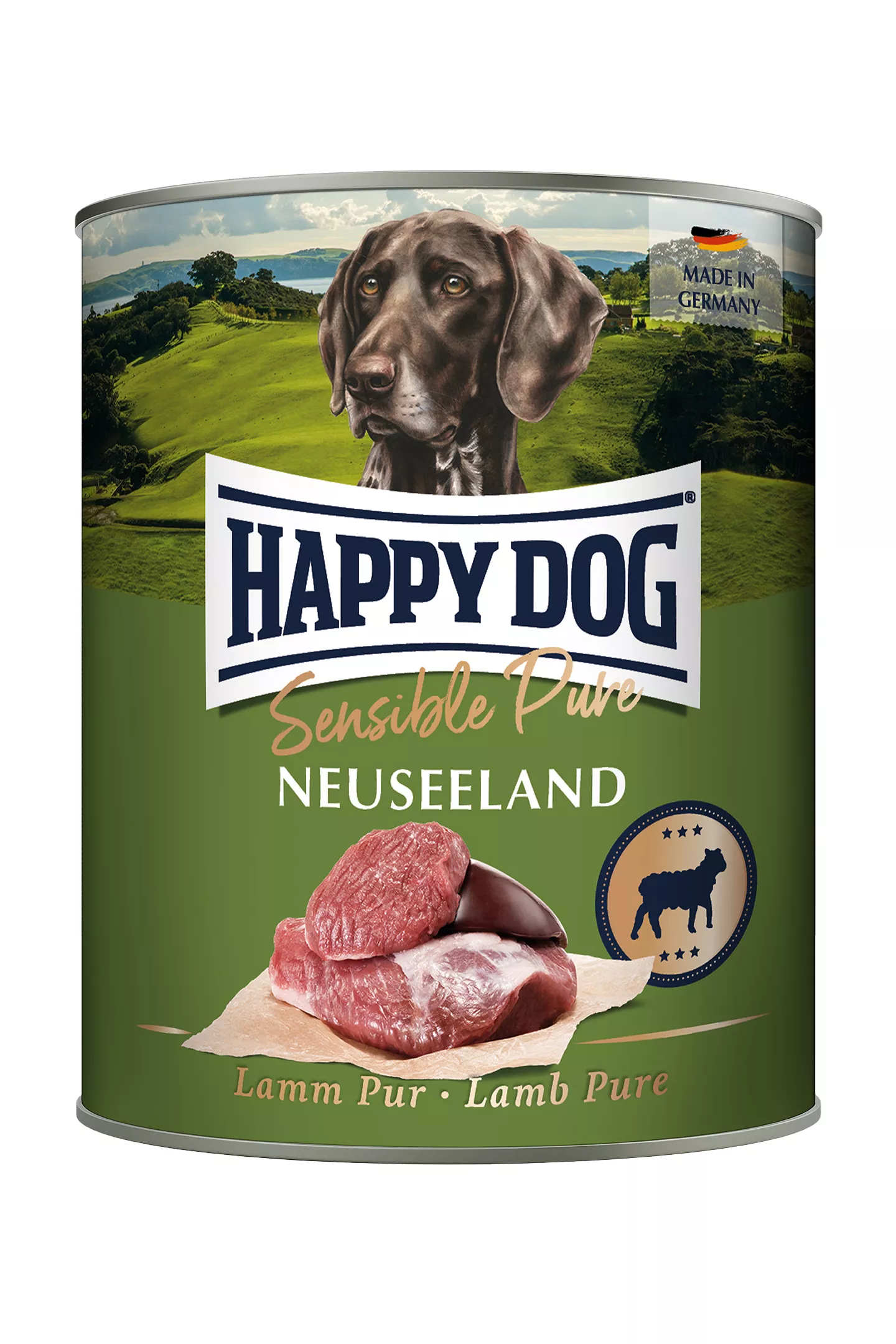 Lata de comida húmeda para perros con cabeza de perro, paisaje, carne y emblema.