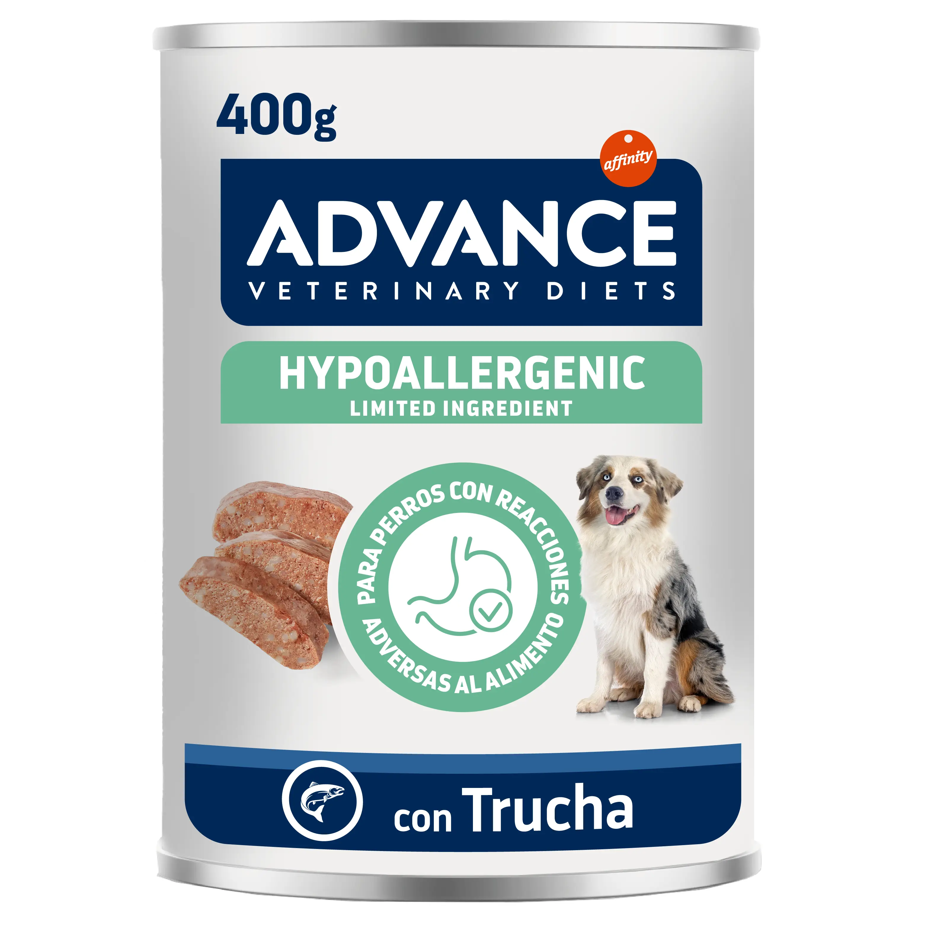 Lata de comida para perros con perro y rodajas de carne.