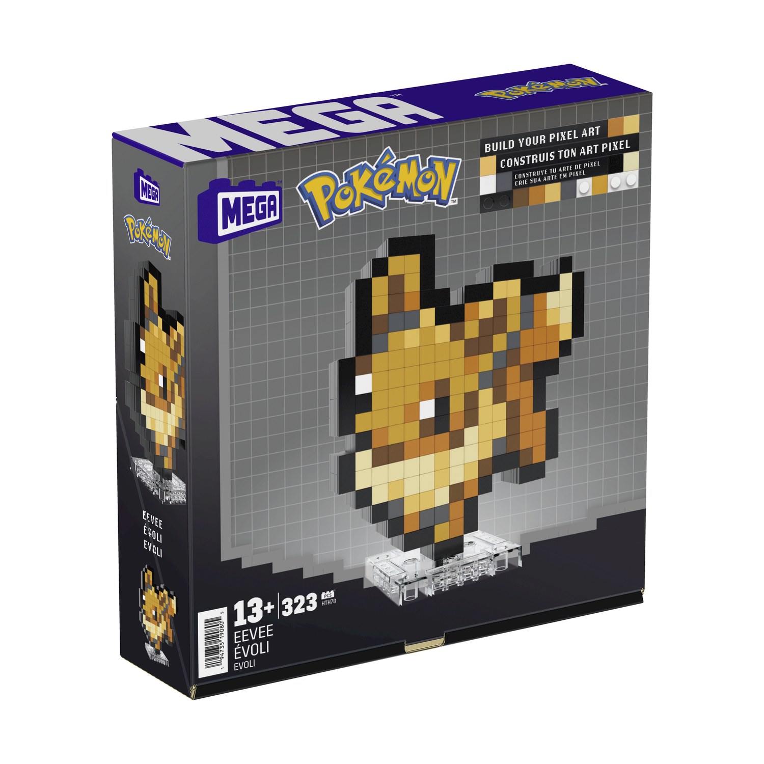 Verpackung für ein Pixel-Art-Bauset mit Evoli-Motiv und Pokémon-Logo.