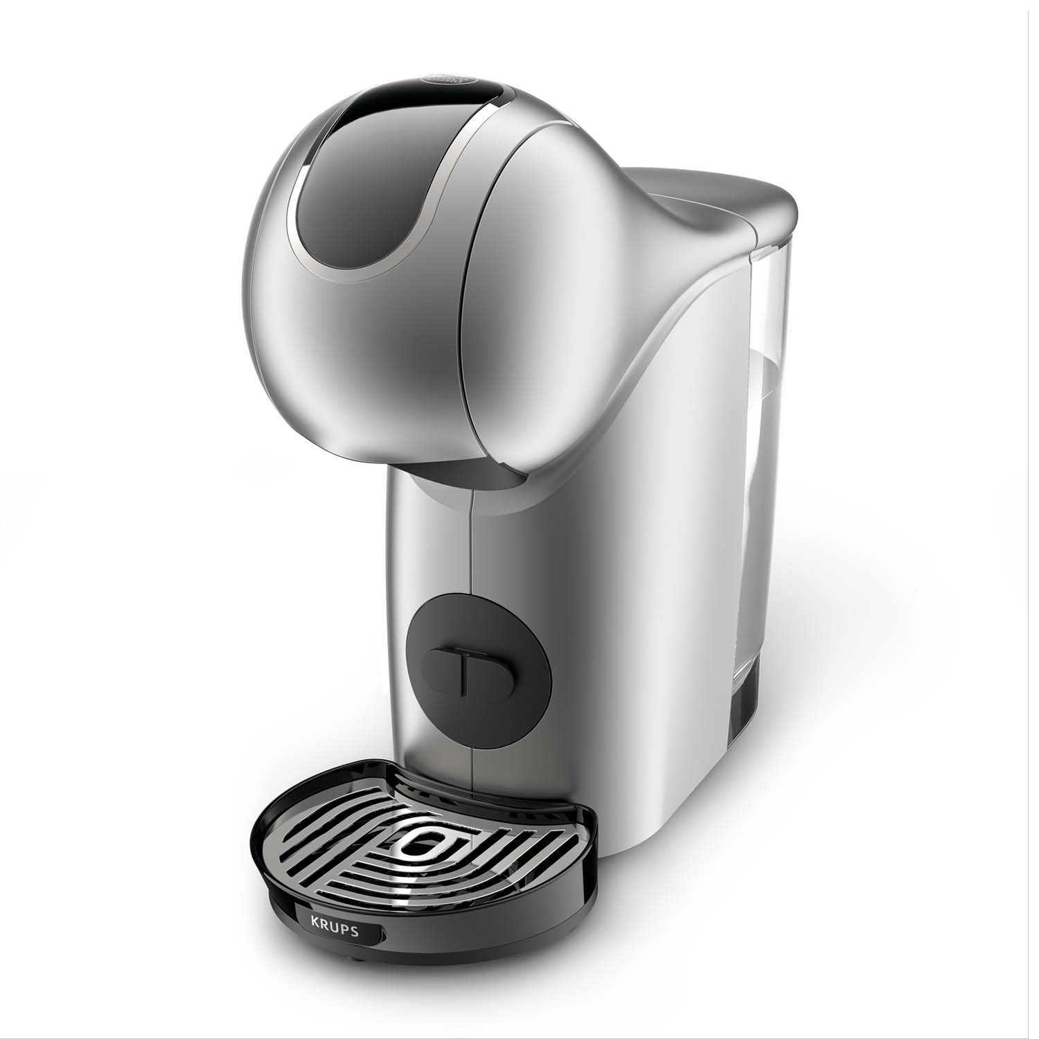 Eine silberne Kaffeemaschine mit schwarzem Tropfblech und Wassertank.