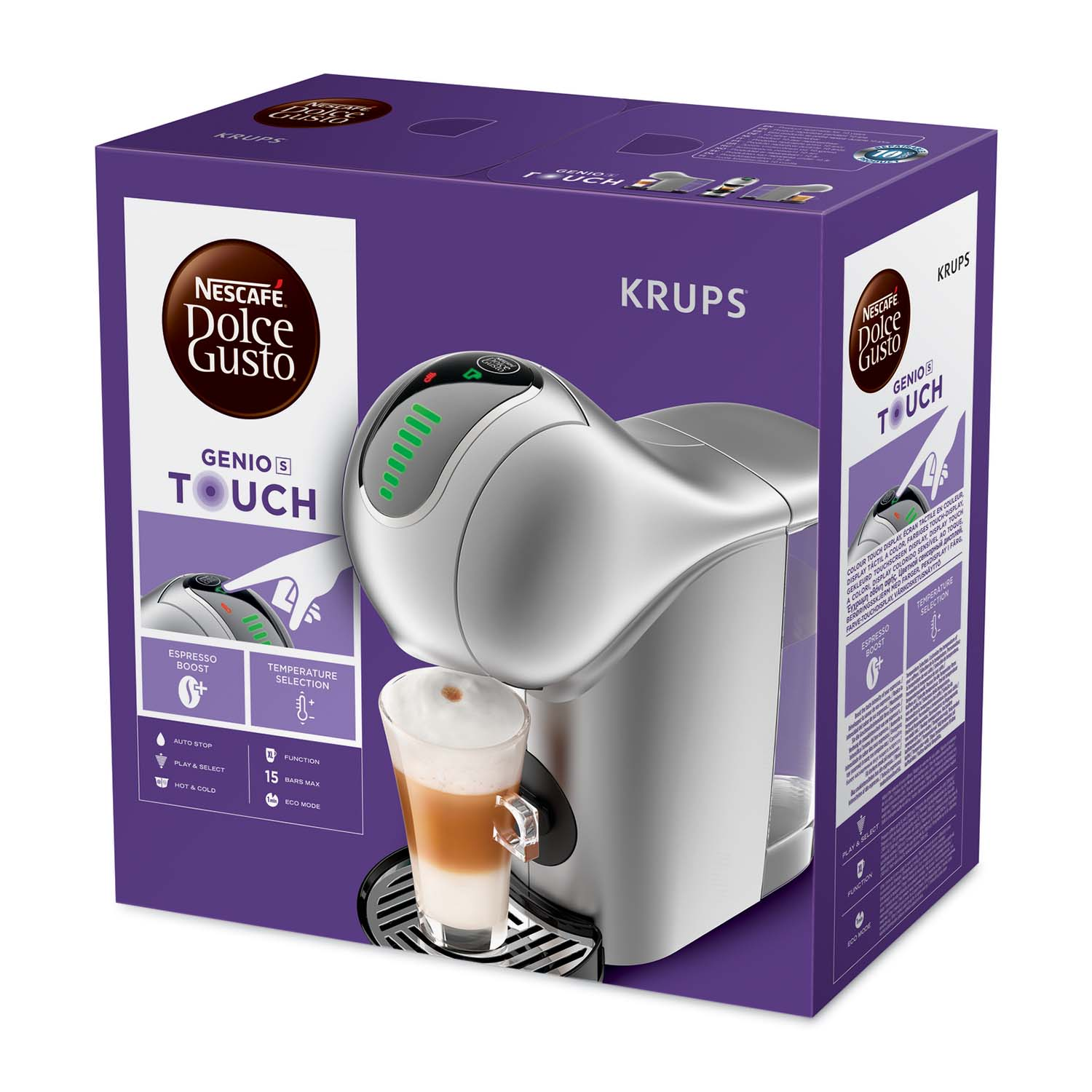 Silberne Nespresso-Maschine mit Milchschaumkaffee darauf auf der Verpackung.