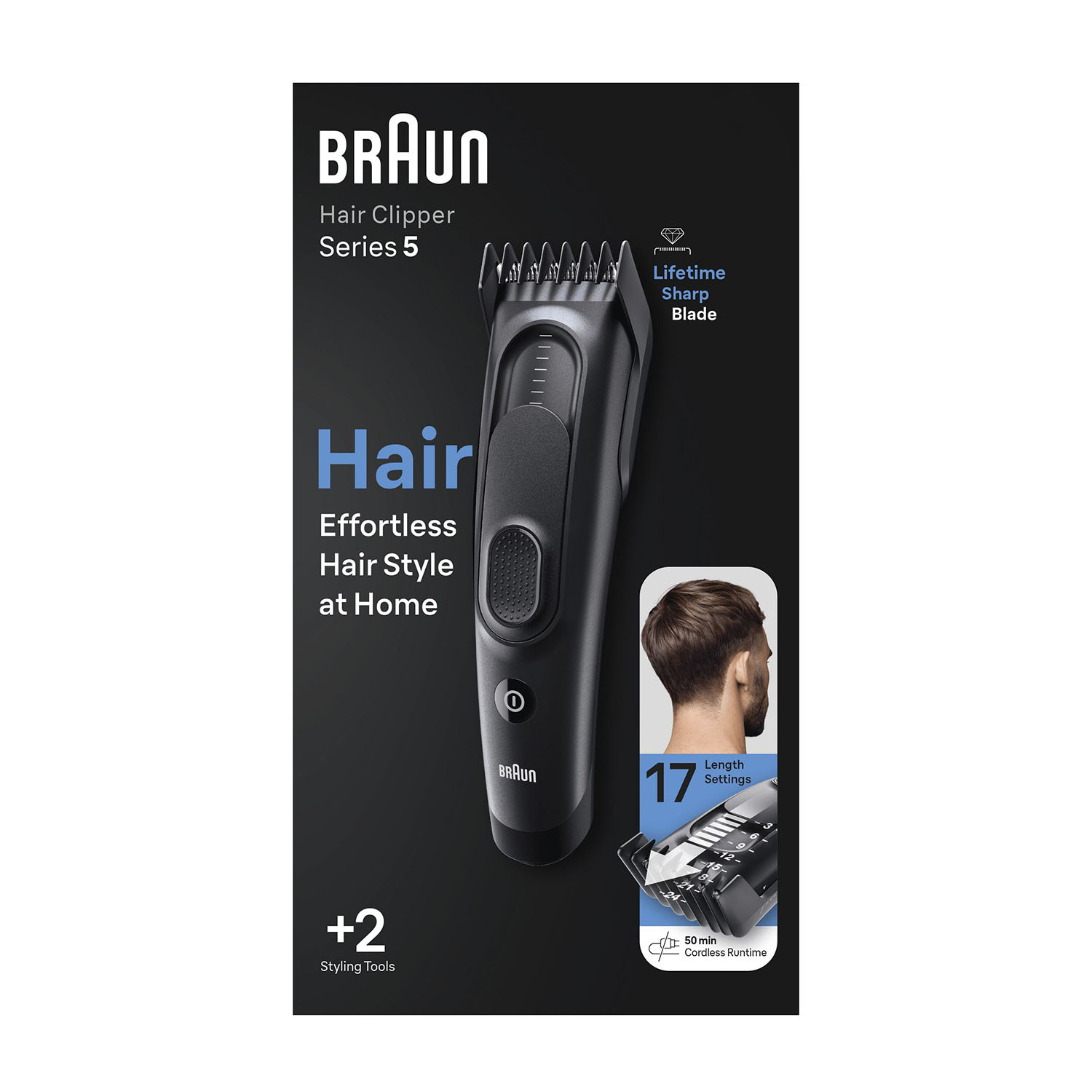 Braun Haarschneider Serie 5 mit scharfer Klinge, 17 Längeneinstellungen und 50 Min. Laufzeit.