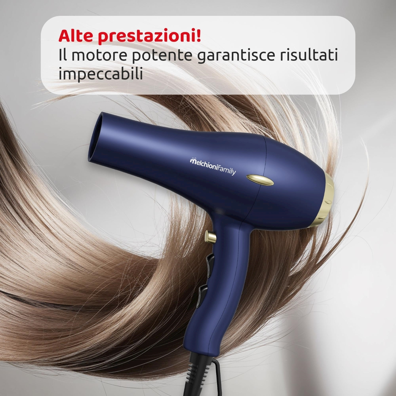 Ein dunkelblauer Haartrockner mit goldenen Akzenten und Haaren.