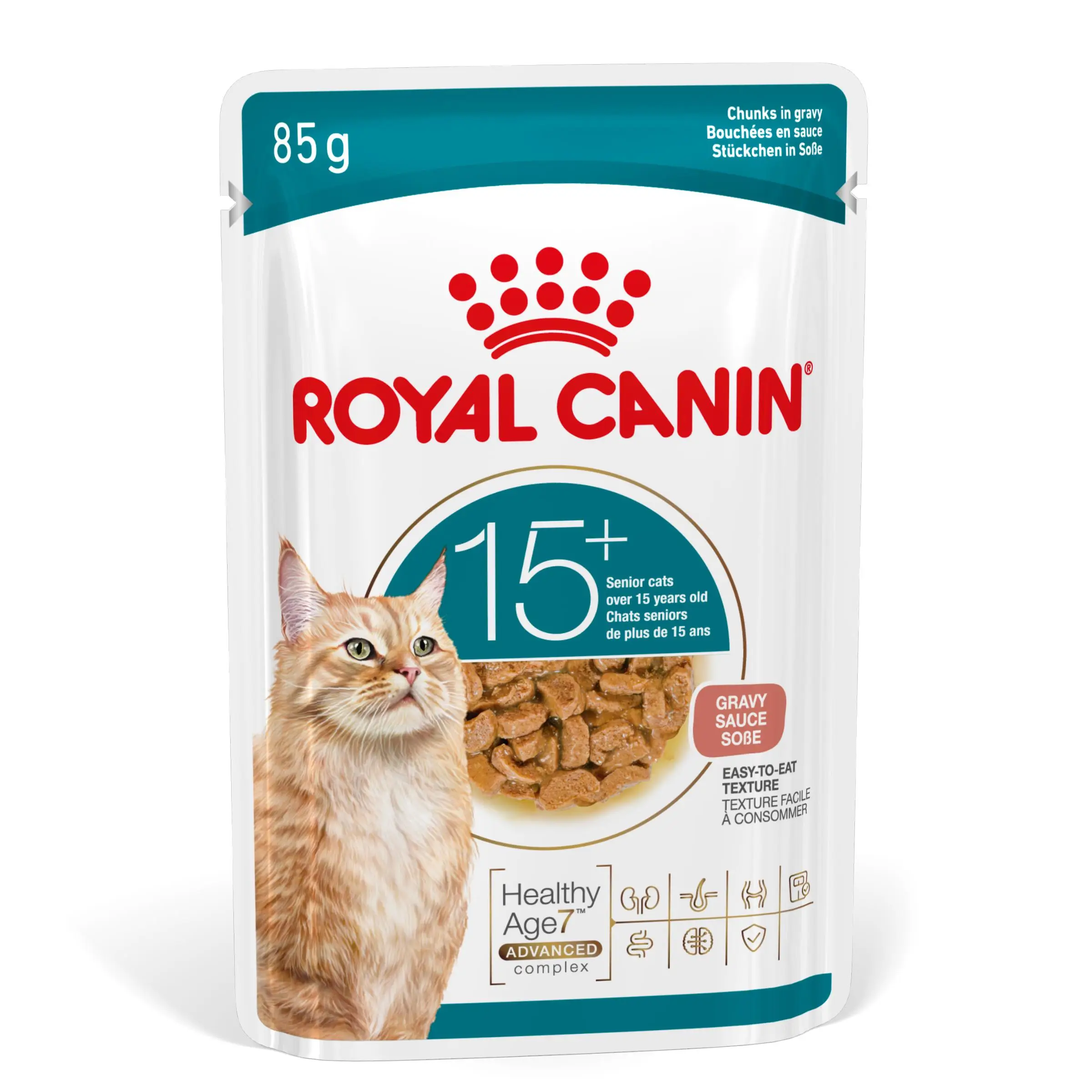Un paquete de comida para gatos Royal Canin Senior con imagen de gato naranja.