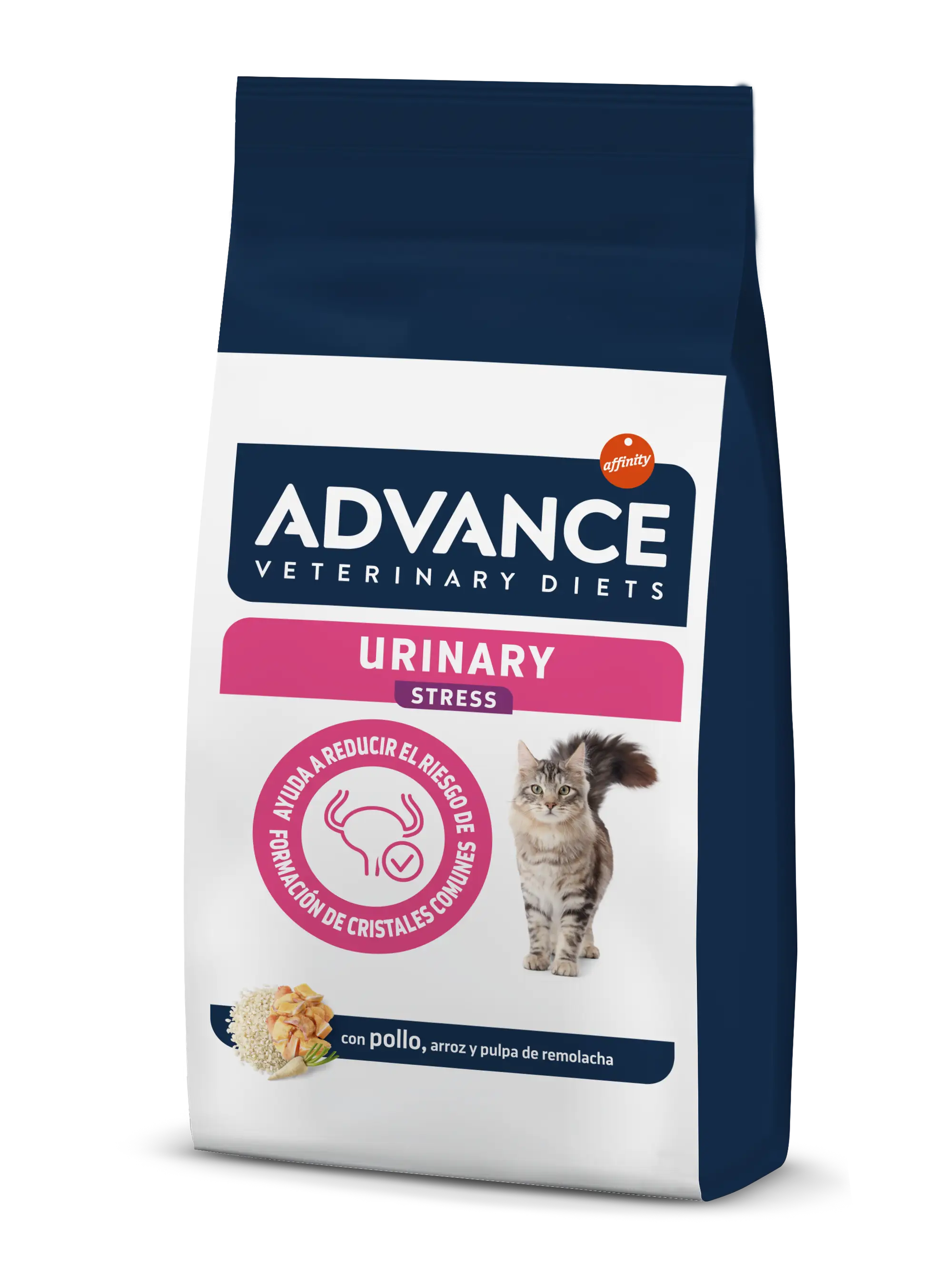 ADVANCE Urinary Stress comida para gatos con pollo, arroz y pulpa remolacha.