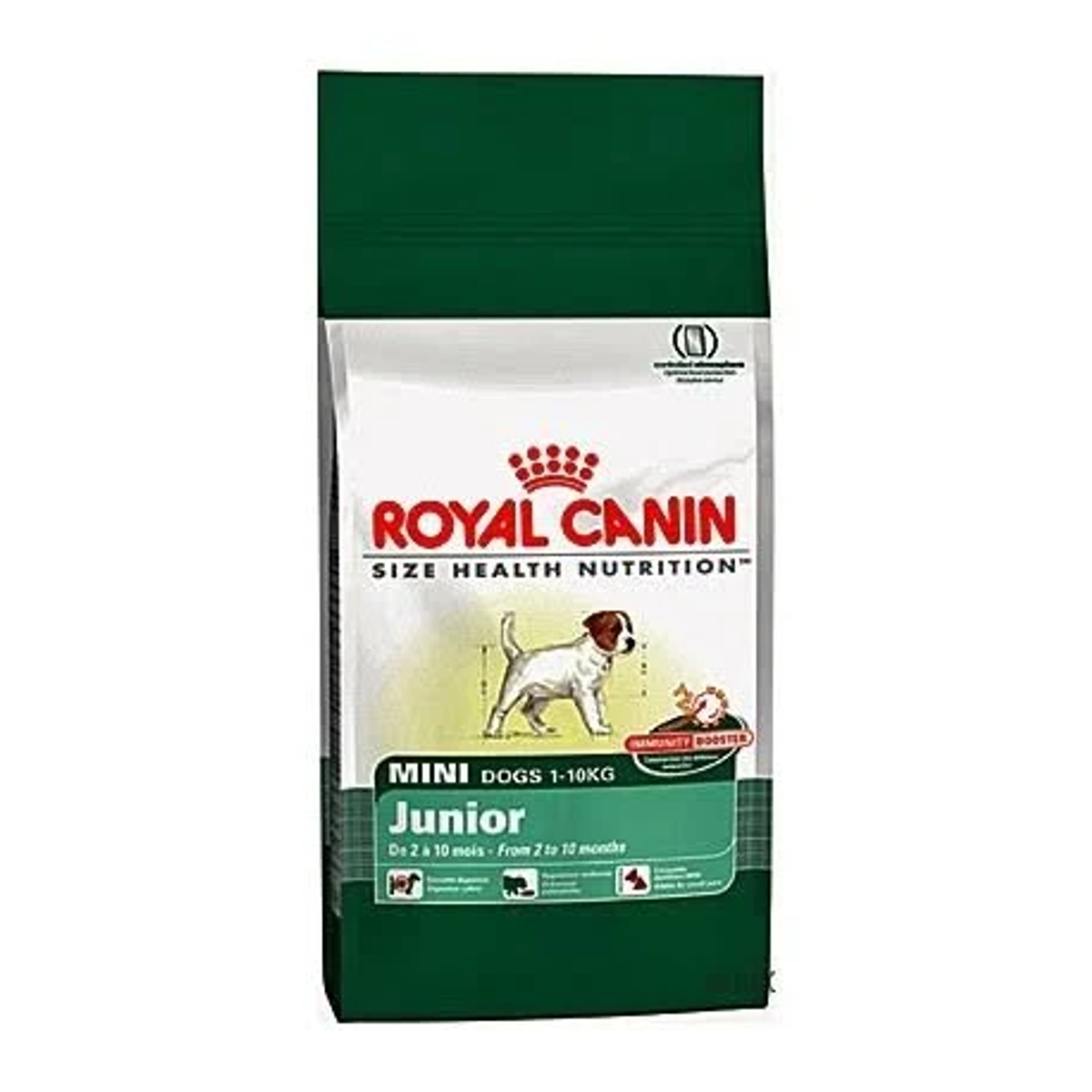 Bolsa de comida Royal Canin Junior para perros mini 1-10kg, con cachorro.
