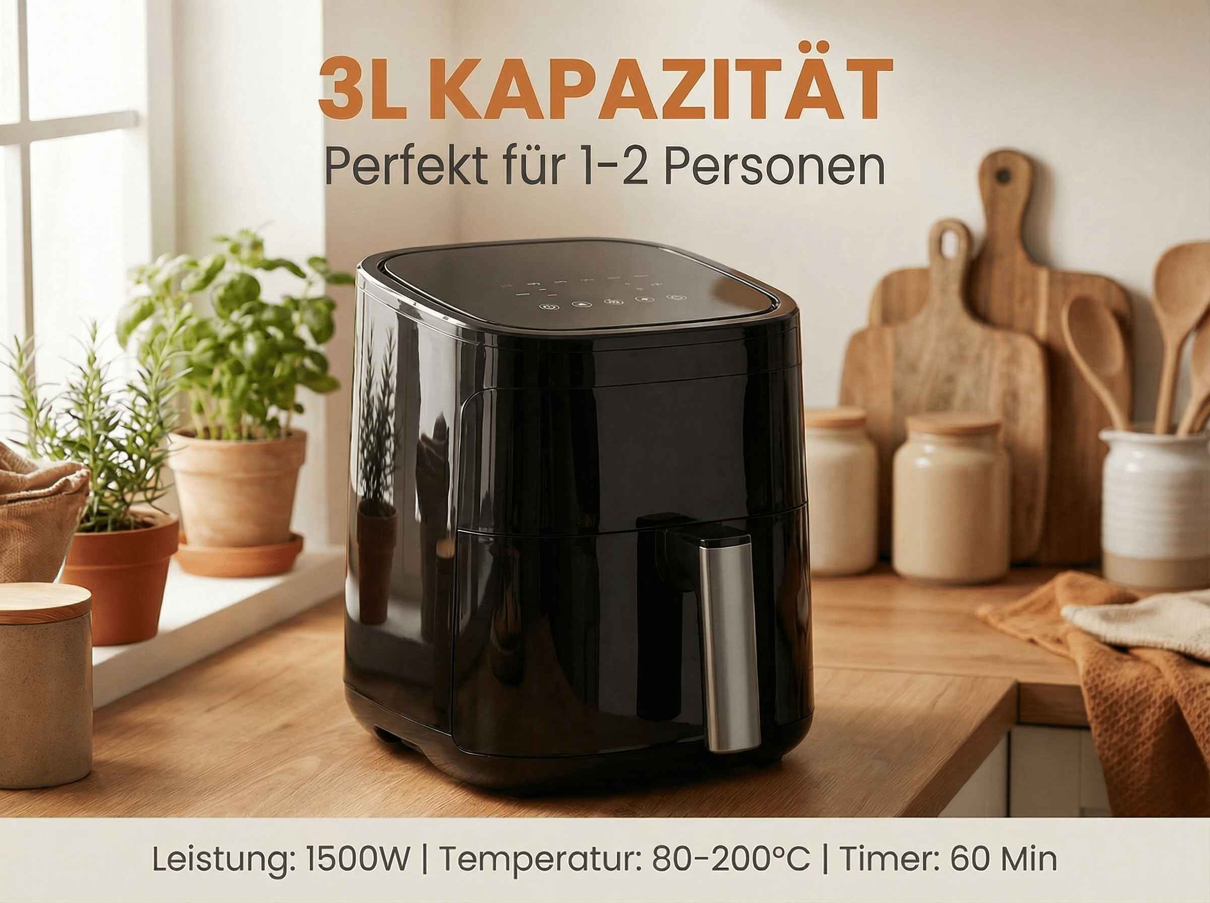 Schwarzer Heißluftfritteuse auf Küchentheke mit Pflanzen und Holzbrettern.