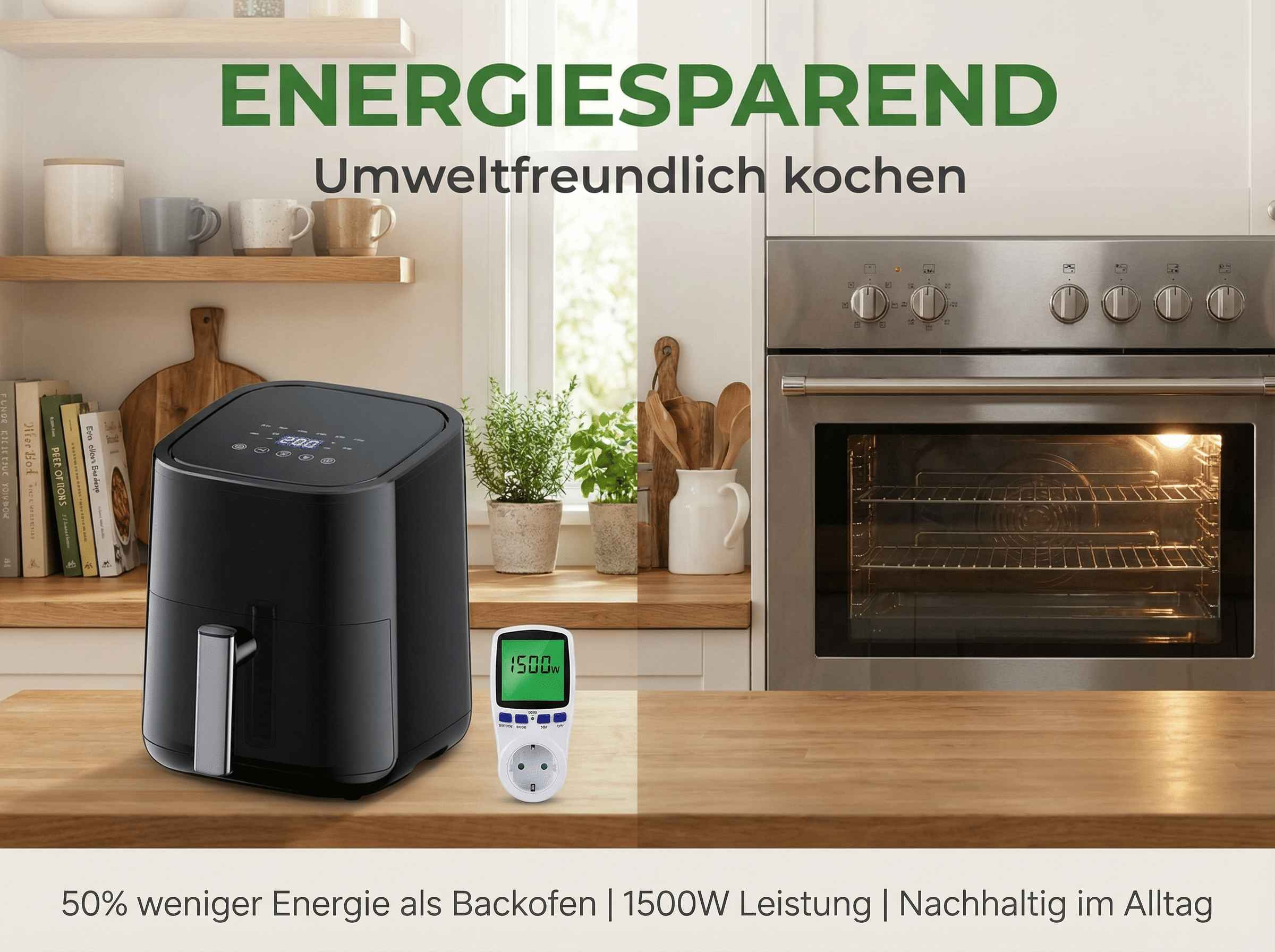 Schwarzer Airfryer neben einem Strommessgerät und einem Ofen.
