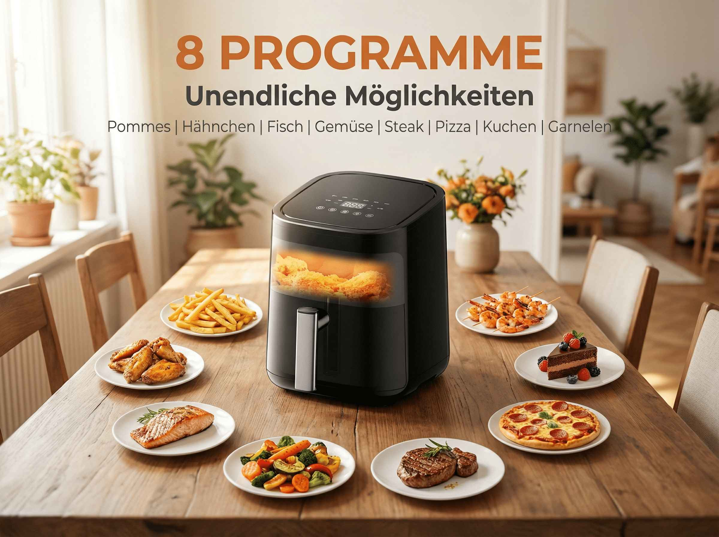 Ein schwarzer Heißluftfritteuse mit verschiedenen Speisen auf einem Holztisch.