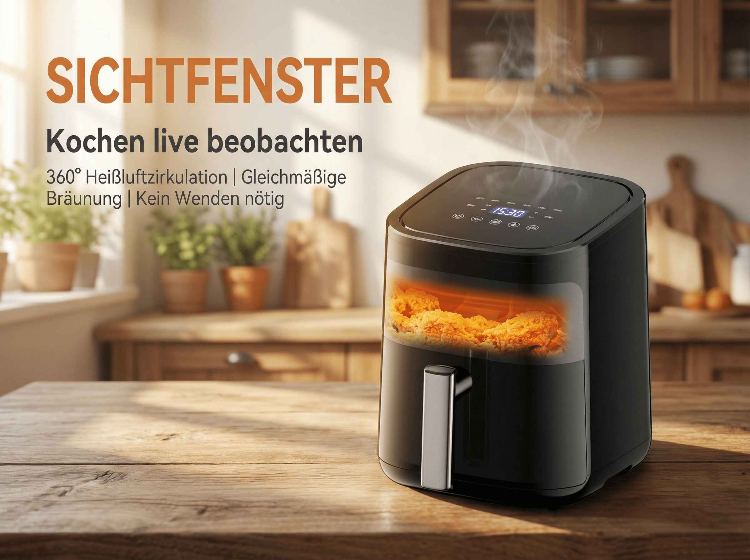 Schwarzer Heißluftfritteuse mit knusprigem Essen, auf einem Holztisch.
