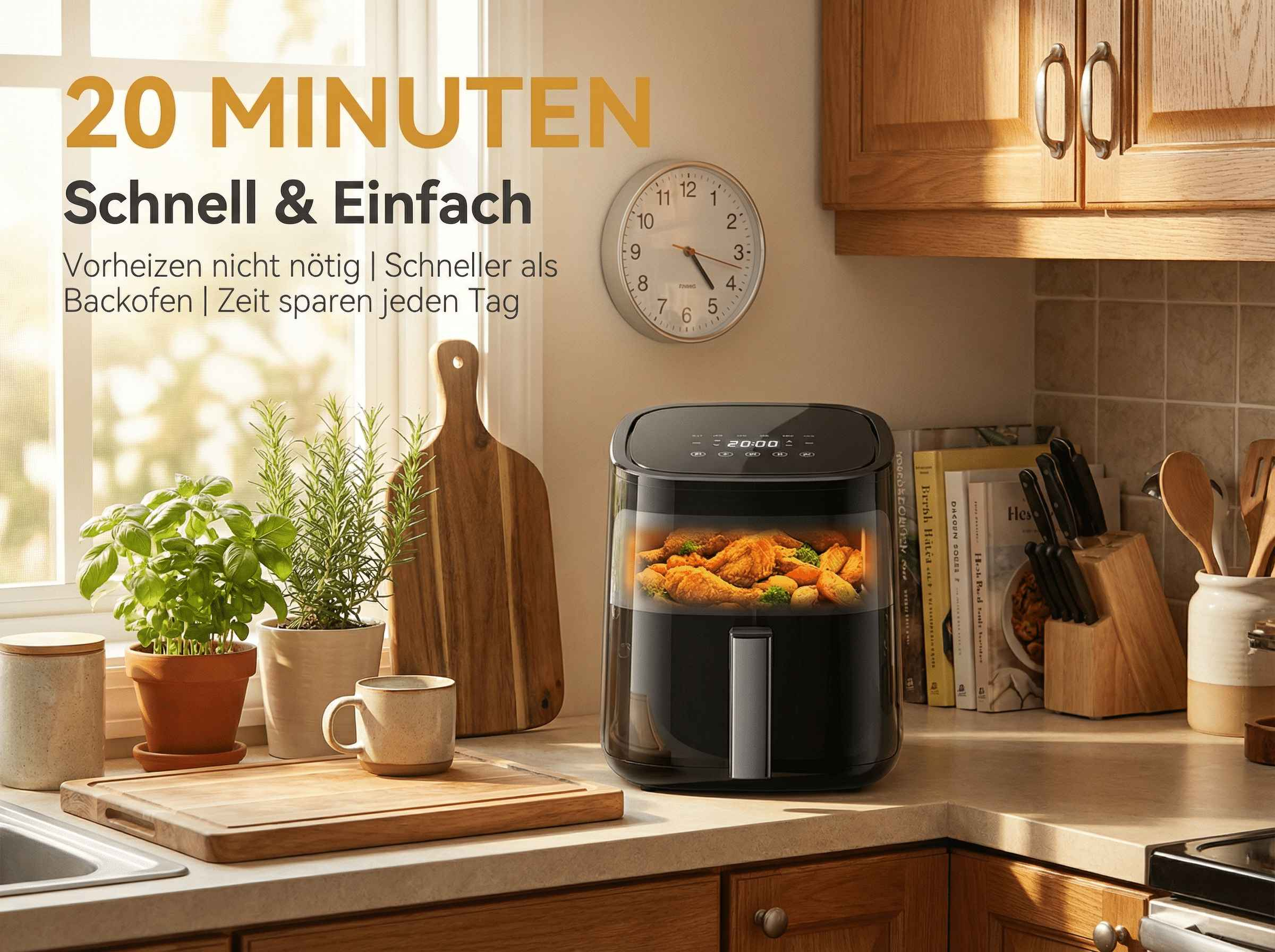 Eine schwarze Heißluftfritteuse mit gebratenem Hähnchen in einer Küche.
