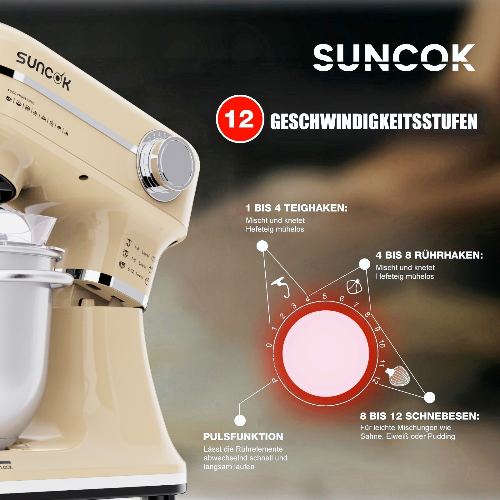 Beigefarbener Küchenmixer mit Geschwindigkeitsstufenanzeige und Symbolen für Zubehör.