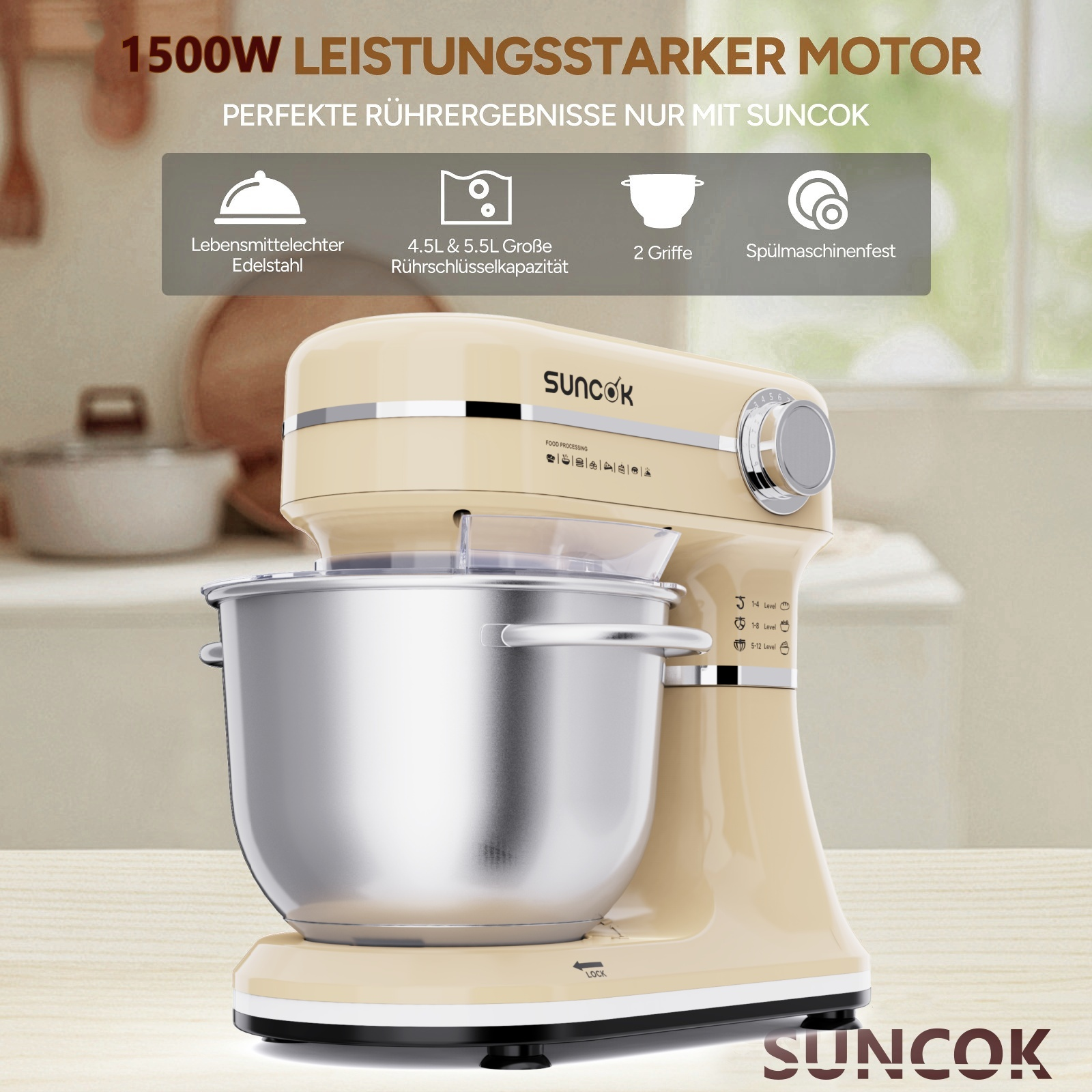 Beiger Standmixer mit Edelstahlschüssel und Geschwindigkeitsregler.